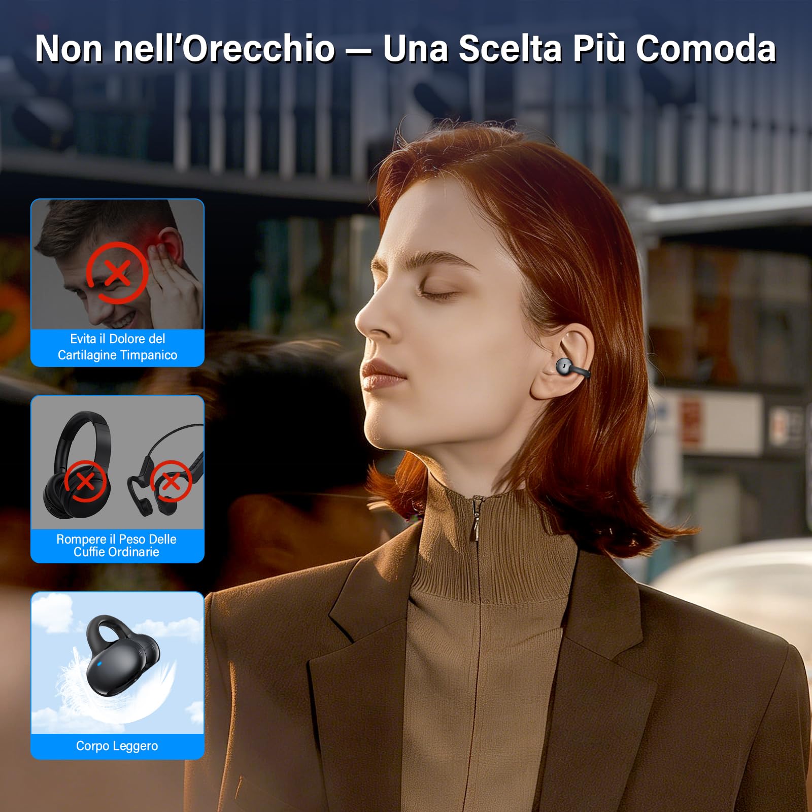 Cuffie sportive a conduzione ossea,design innovativo con clip auricolare per corsa e fitnes,durata della batteria di 180 ore,vestibilità sicura, resistenti all'acqua e alla polvere(Nero)