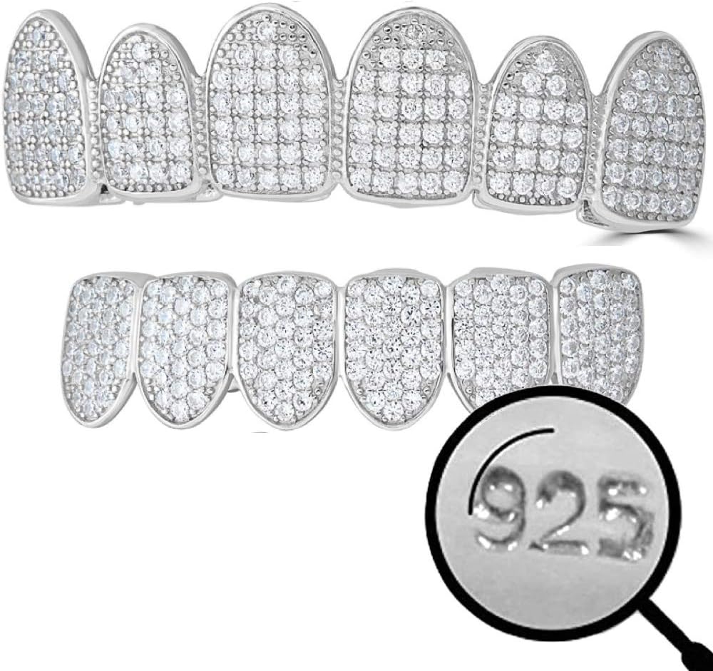 Harlembling Solid 925 Sterling Silver Real Grillz - Iced CZ - Custom Top & Bottom Grills for Teeth - Real Solid Silver NOT Plated