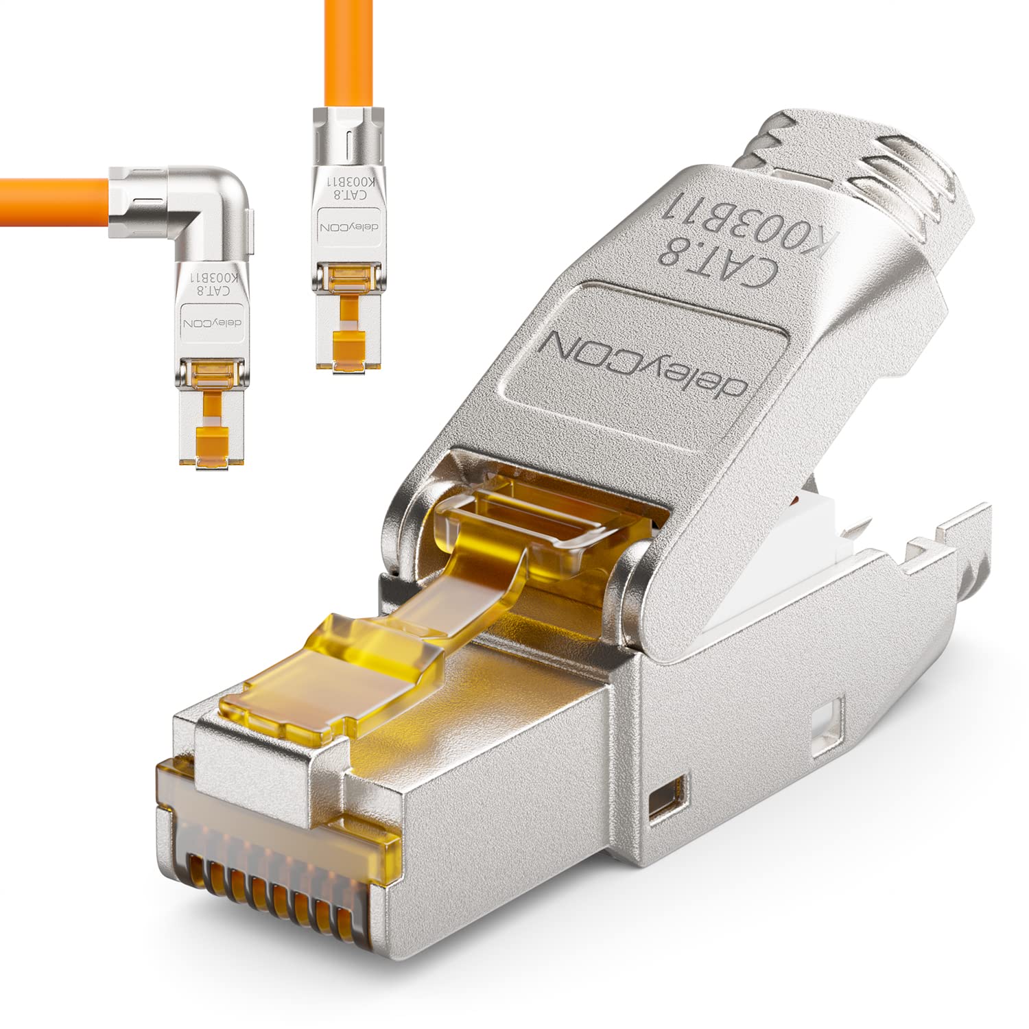 deleyCON 1x CAT 8 Conector de Red RJ45 con Ángulo de 90° Sin Herramientas Apantallado Enchufe de Red 40Gbit/s para Rígidos Cable en Crudo Conector de Enchufe RJ45 Ethernet LAN DSL Cable de Conexión