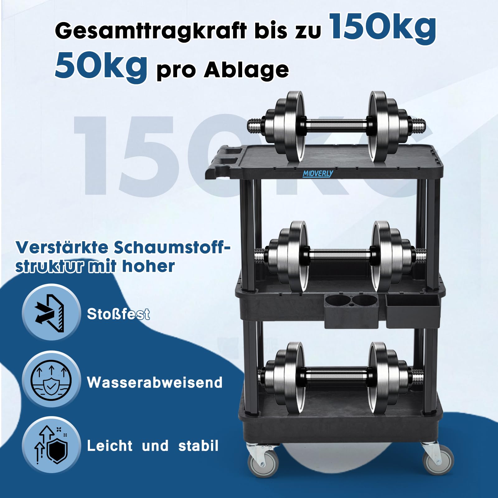 3-stufiger Rollwagen mit Flacher Ablage & tiefen Regalen, 70 x 46,4 cm, Kunststoff-Mehrzweckwagen mit 10 cm Rollen, 150 kg Tragkraft – für Büro, Werkstatt, Lager geeignet