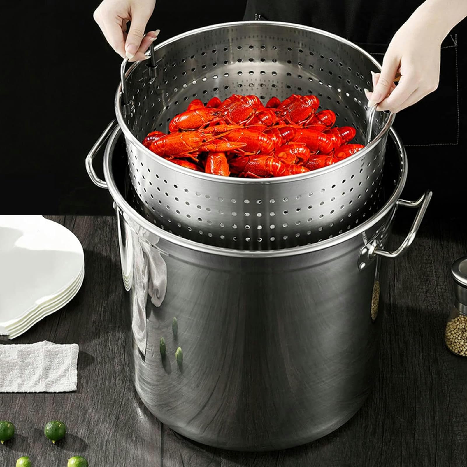 IUokLU Home Stainless Steel Stockpot,Heavy Crawfish Seafood Pot Turkey Fryer Pot W/Strainer Basket for Boiling Seafood,Vegetables,and Deep Frying,30x30cm,40x40cm (30x30cm)