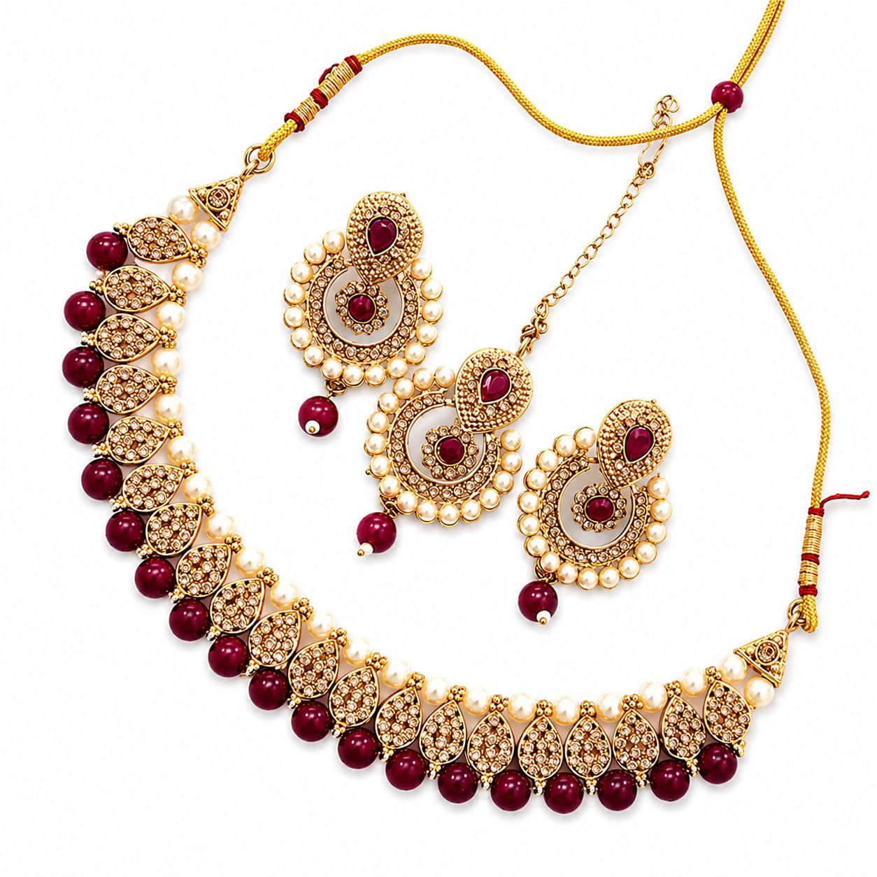 Elegant Maroon Beads & Kundan Necklace Set with Earrings & Maang Tikka for Women | Traditional Bridal & Festive Jewelry Set-image-24