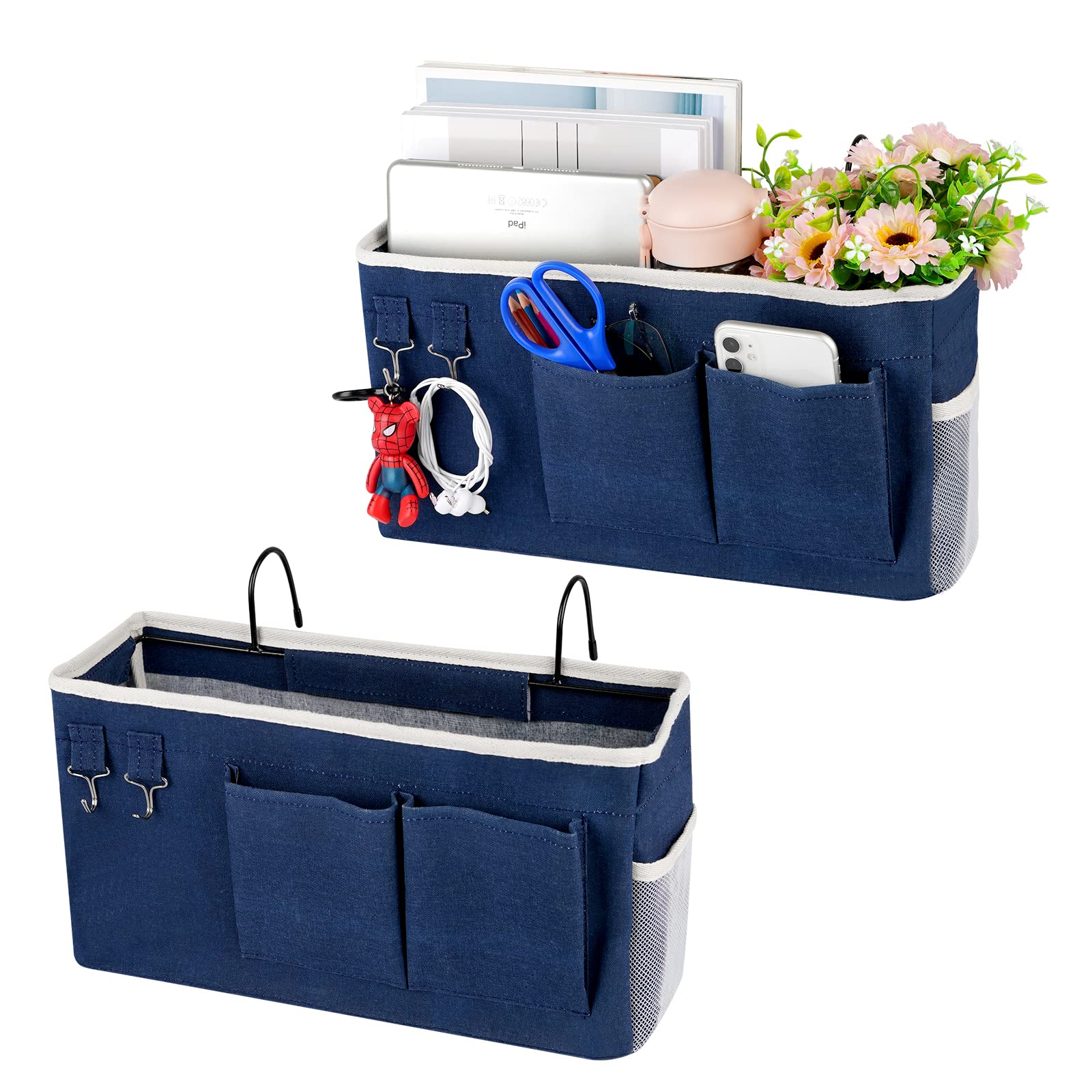 Ozzptuu2 Pack Bedside Caddy/Bedside Hanging Storage Bag for Bunk Hospital Beds Dorm Baby Room to Organize Magazine Glasses, Keys, Mobile Phones (Navy Blue)