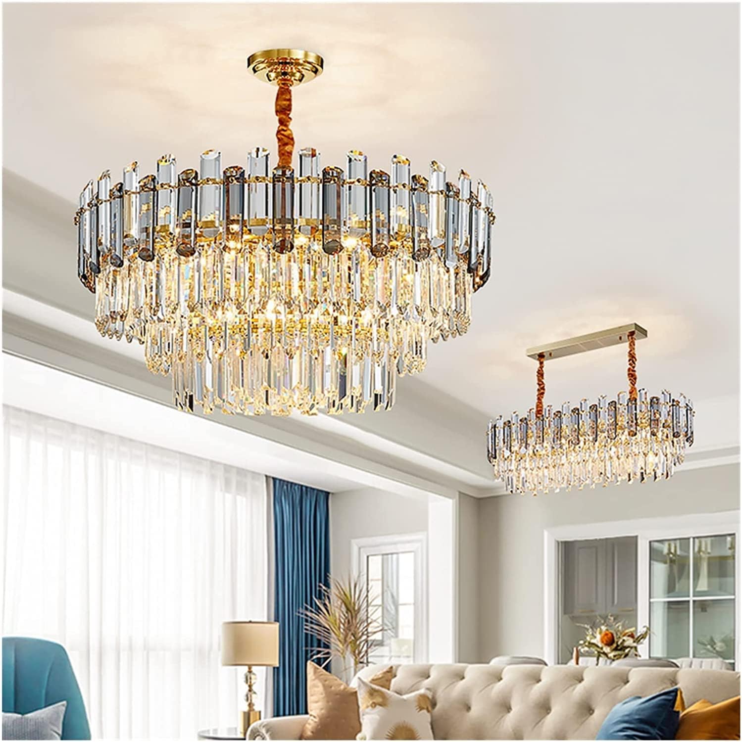 LED Chaners, E14 LED Modern Crystal Chaner Compatible with Living Room Luxury Lighting d Round Rectangle Postmodern Chain Home Decor Lamps,Chaner