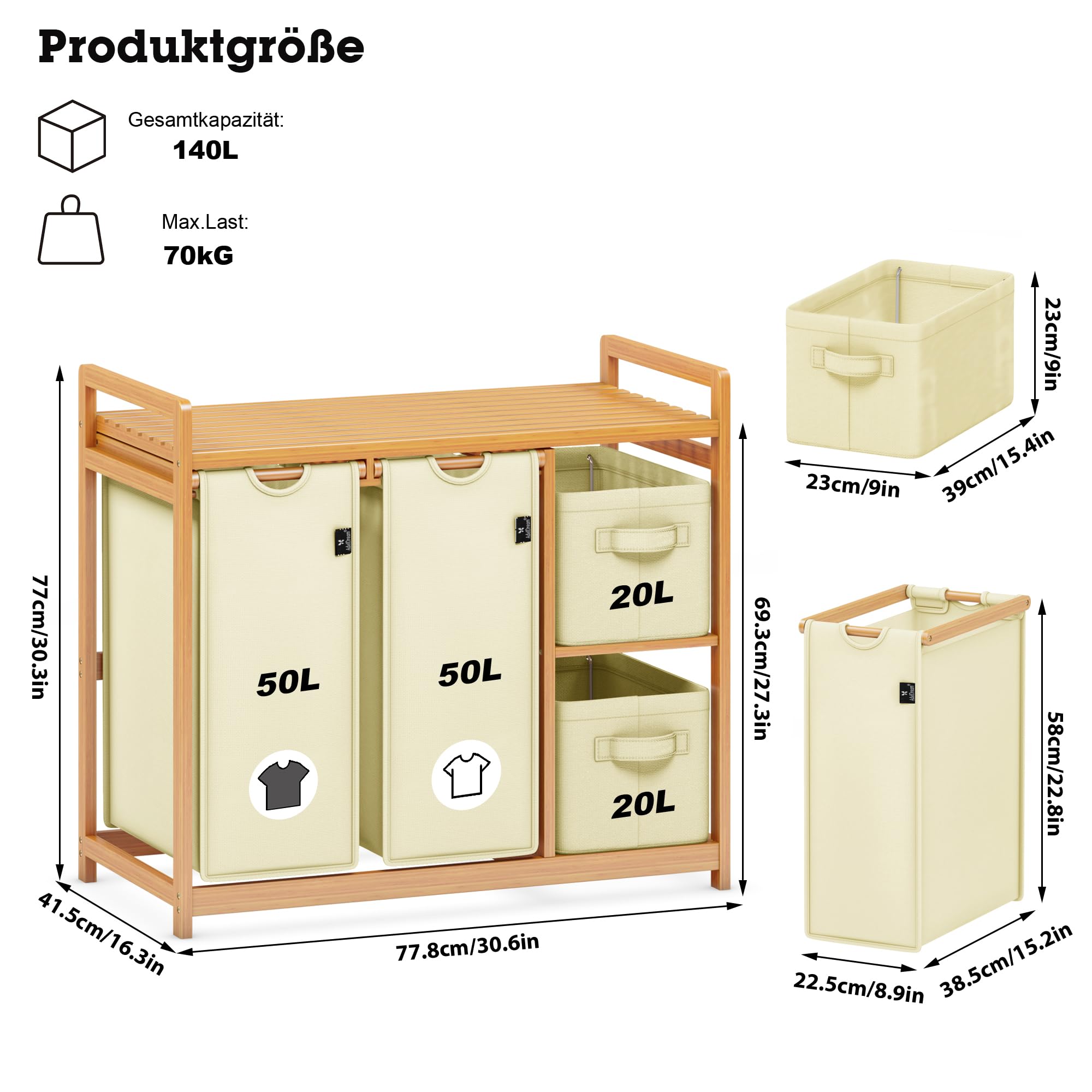ADEL DREAM Wäschekorb 4 Fächer Wäschesammler 140L Wäscheboxen Mit Korb Wäschesortierer mit 2 Wäschesäcken & 2 Stoffboxen mit Ablage Wäschesack Bambus Wäscheregal Wäschebox Laundry basket Beige