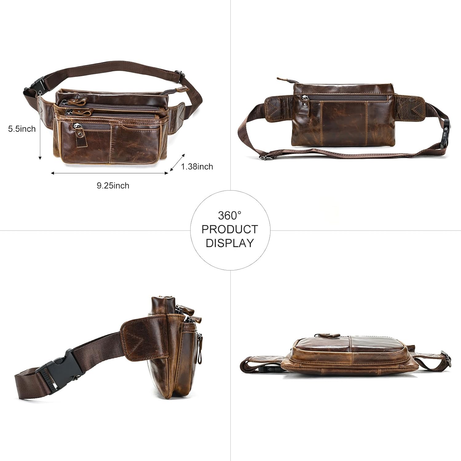 Genuine Leather Fanny Pack Crossbody sling bags zipper Waist Purse Oilcoffee - Image 6