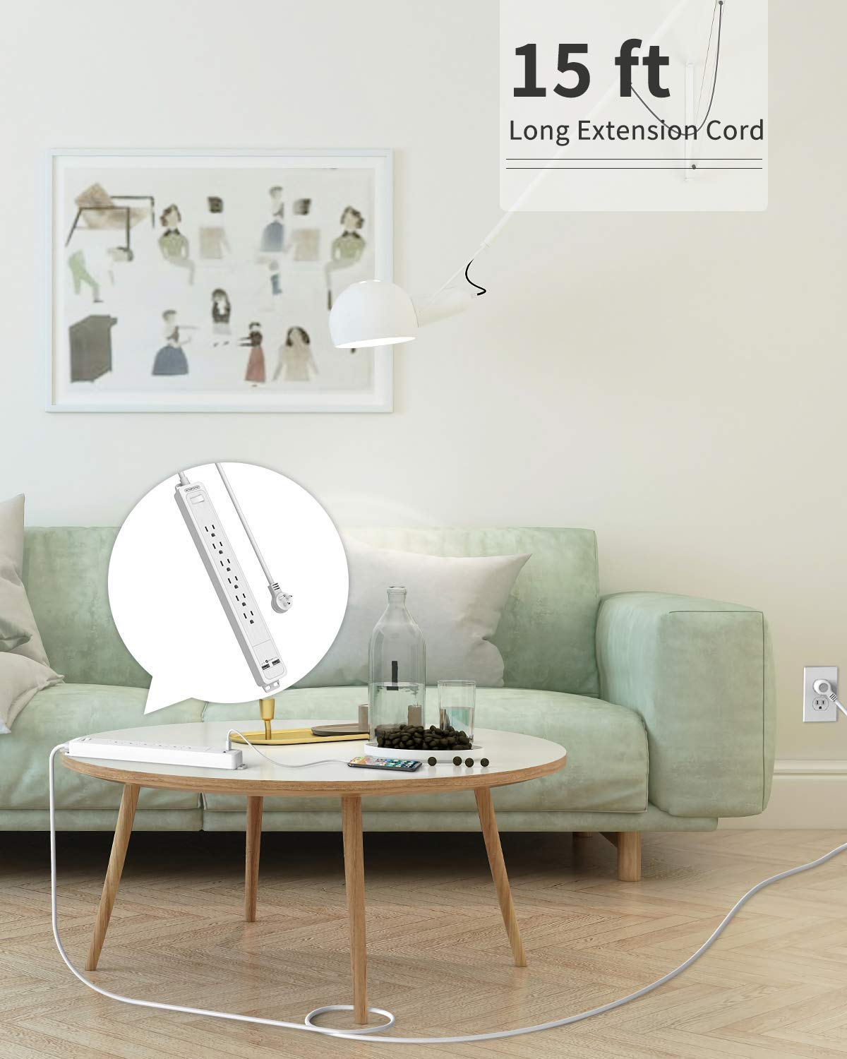 NTONPOWER Long Surge Protector Power Strip, Heavy Duty Extension Cord 15 FT, Flat Plug Power Strip with USB Ports, Wall Mountable, 15A Circuit Breaker for Office Home Theater, 1080 Joules, White