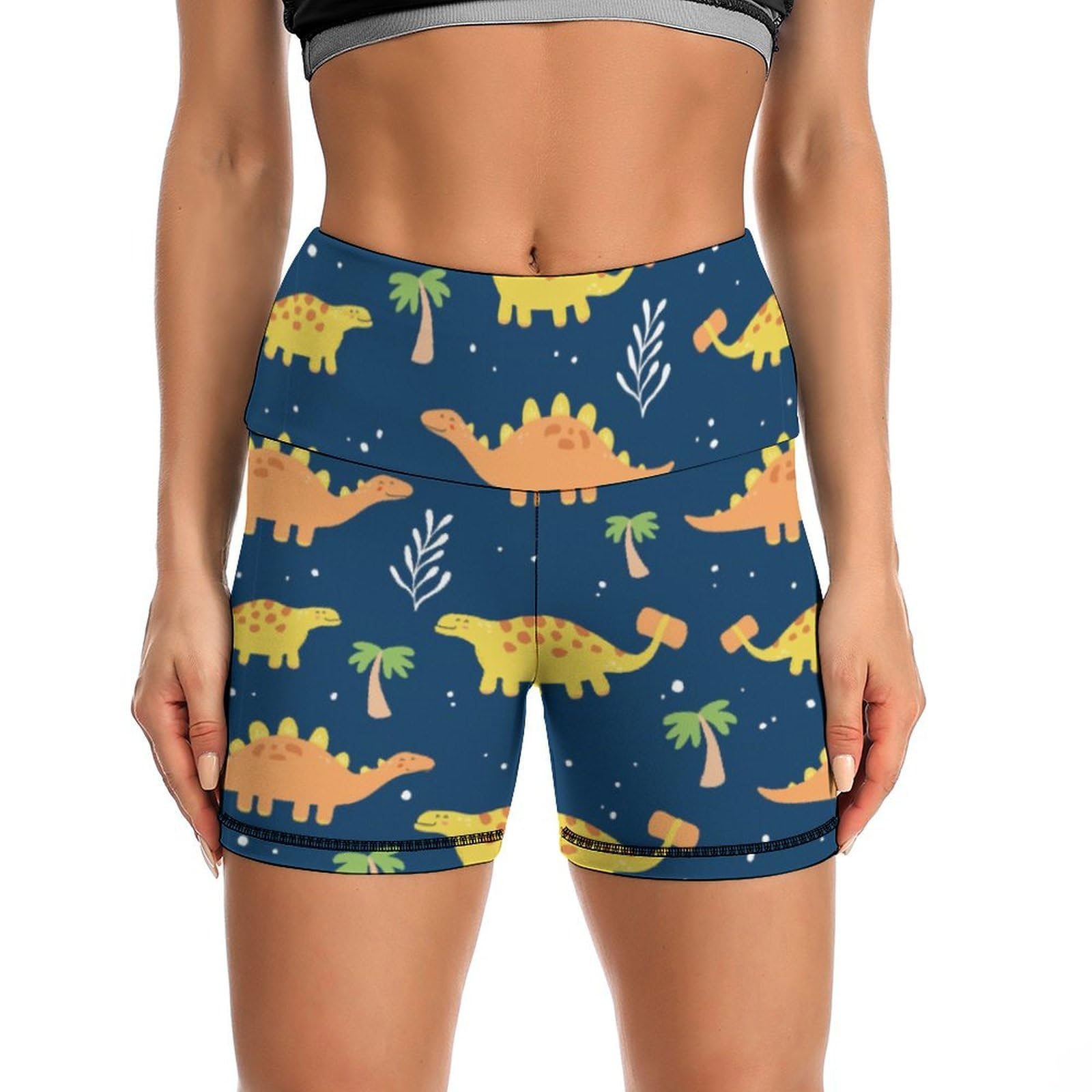 JYYAU Cute Dinosaur and Leaves Pattern High Waist Yoga Shorts for Women Athletic Shorts Leggings Running Pants Black