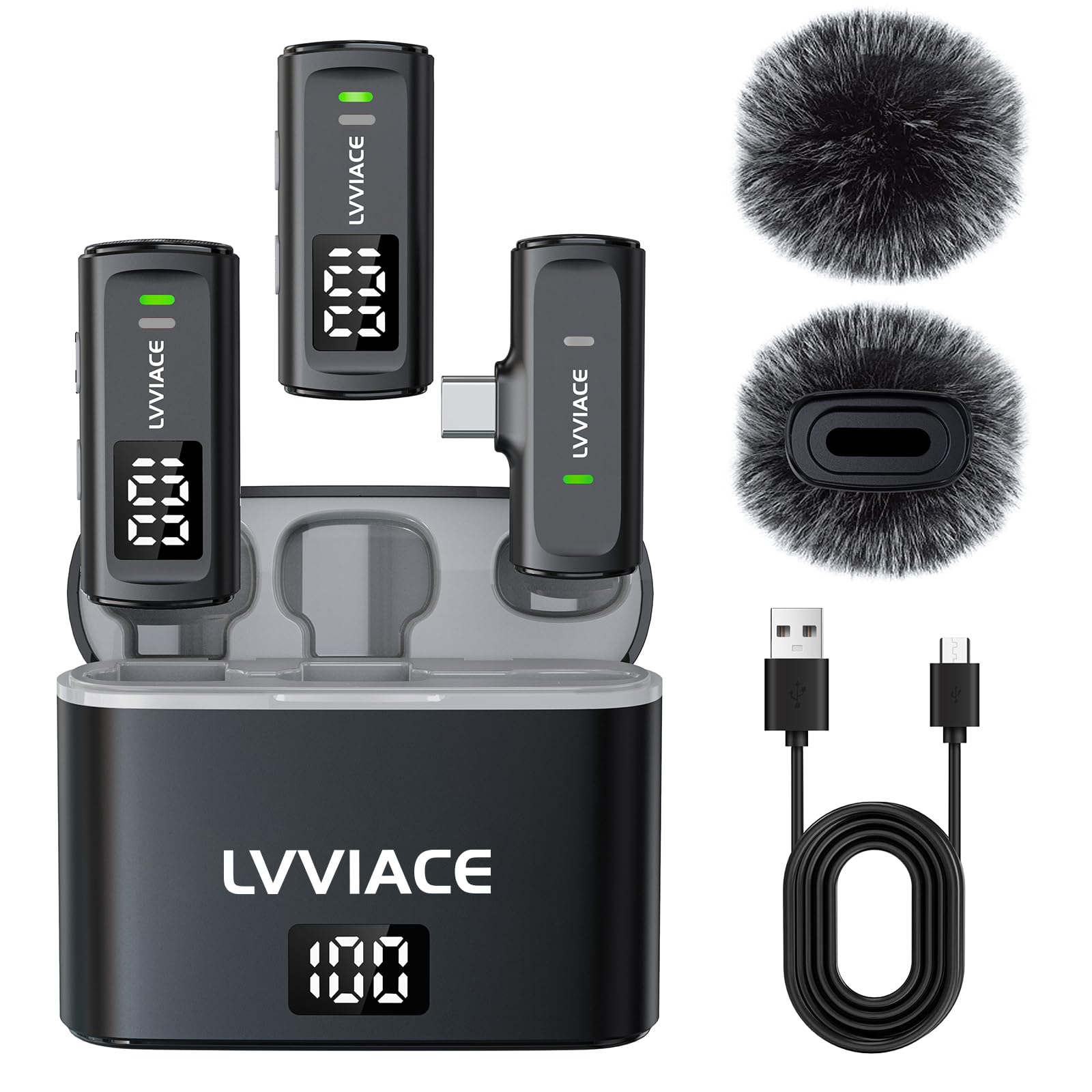 Micro Cravate pour téléphones avec Ports USB de Type C, 40 Heures d'autonomie avec boîtier de Chargement de l'émetteur à Affichage Numérique, Microphone de Lavalier sans Fil de 82 Pieds