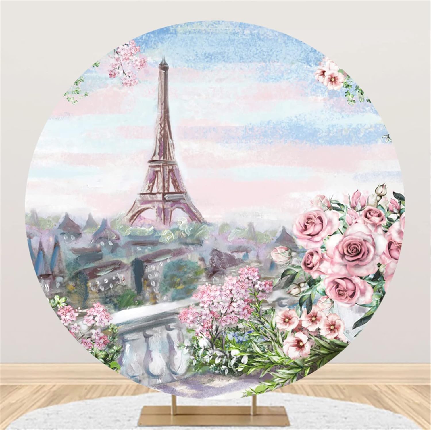 Paris Scenery Round Backdrop Cover 6.5x6.5ft Polyester Paris Eiffel Tower Photography Background for Wedding Engagement Ceremony Birthday Party Supplies Spring Floral Pink Flowers Studio Props
