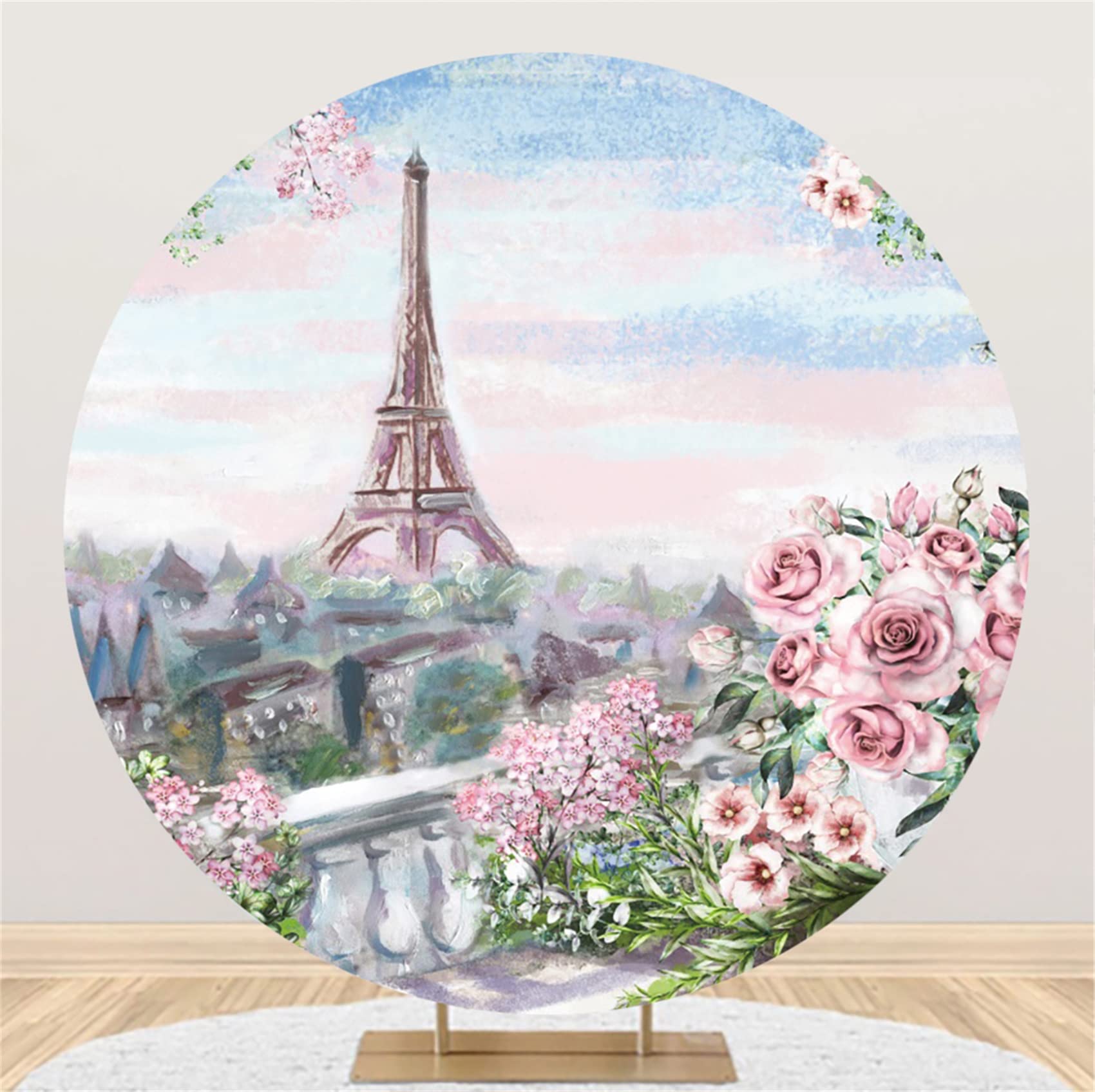 DORCEVParis Scenery Round Backdrop Cover 7.2x7.2ft Polyester Paris Eiffel Tower Photography Background for Wedding Engagement Ceremony Birthday Party Supplies Spring Floral Pink Flowers Studio Props