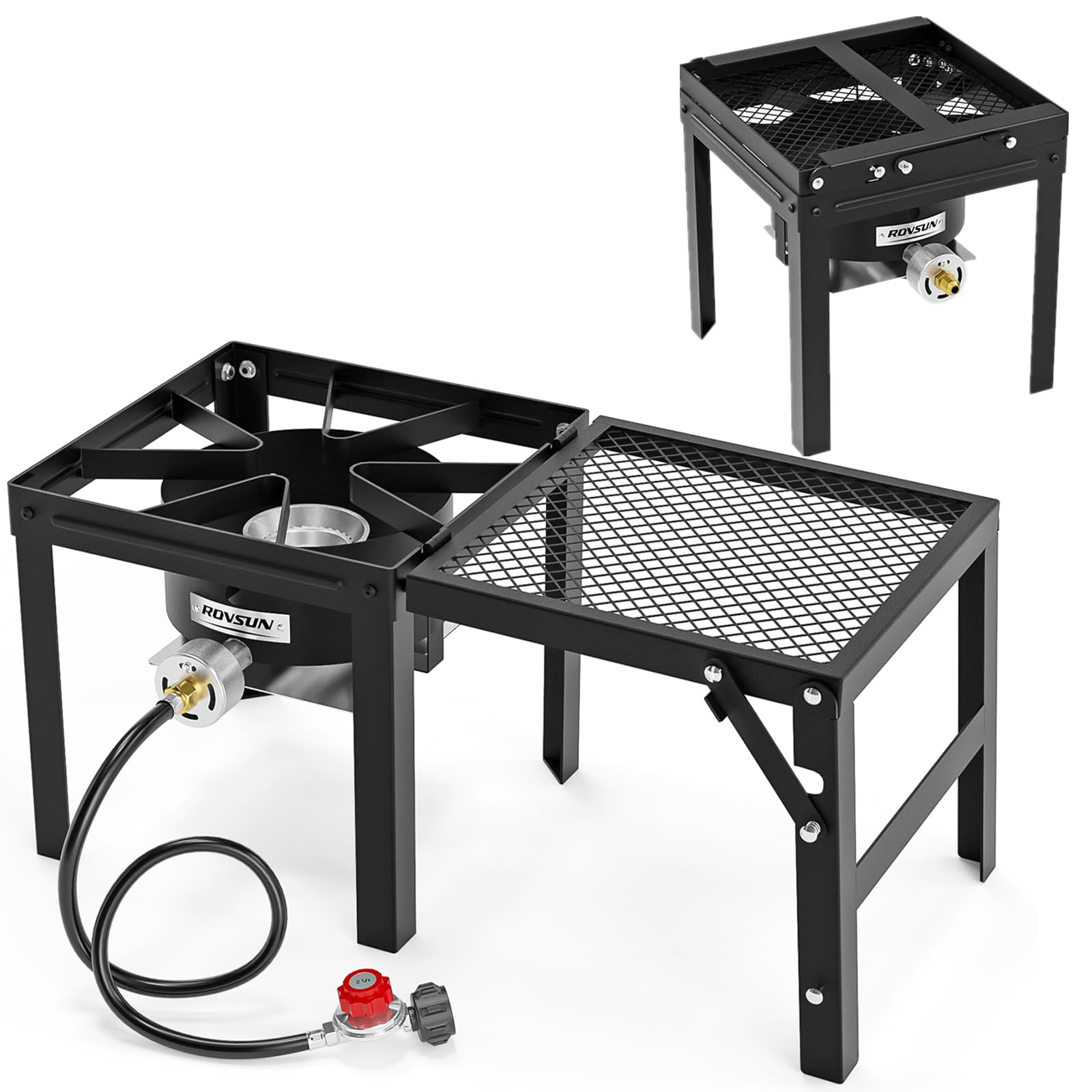 ROVSUN Estufa de gas propano portátil con estante lateral plegable, estufa de campamento de un solo quemador para cocinar al aire libre, camping, portón trasero, enlatado, freír pavo y hervir mariscos