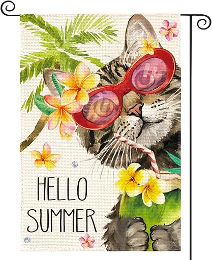 AVOIN colorlife Hello Summer Floral Cat Garden Flag 12x18 Inch Double Sided Outside, Party Holiday Burlap Yard Outdoor Decoration