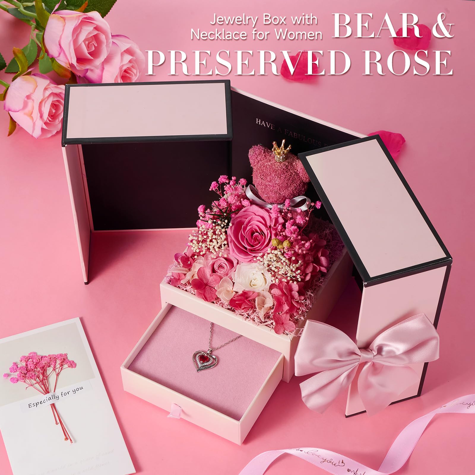 Rosa Eterna con Oso de Musgo para Mujeres, Flores Natural Preservada con Collar, Regalos de San Valentin Originales para Mujer Mama Novia, Caja Regalo Dia de la Madre, Aniversario, Cumpleaños, Navidad