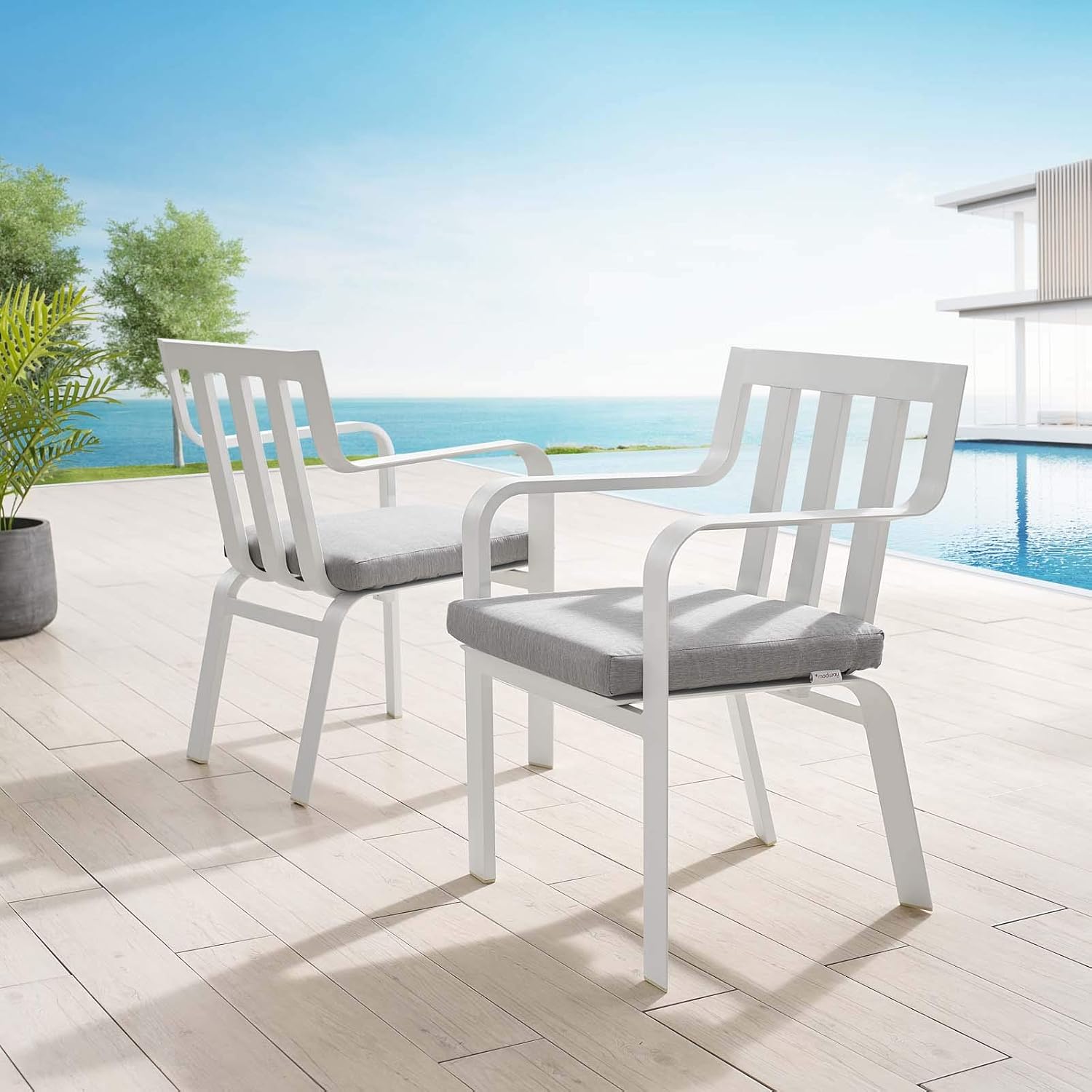 Modway Baxley 32" Modern Fabric Outdoor Patio Armchair in White/Gray (Set of 2)