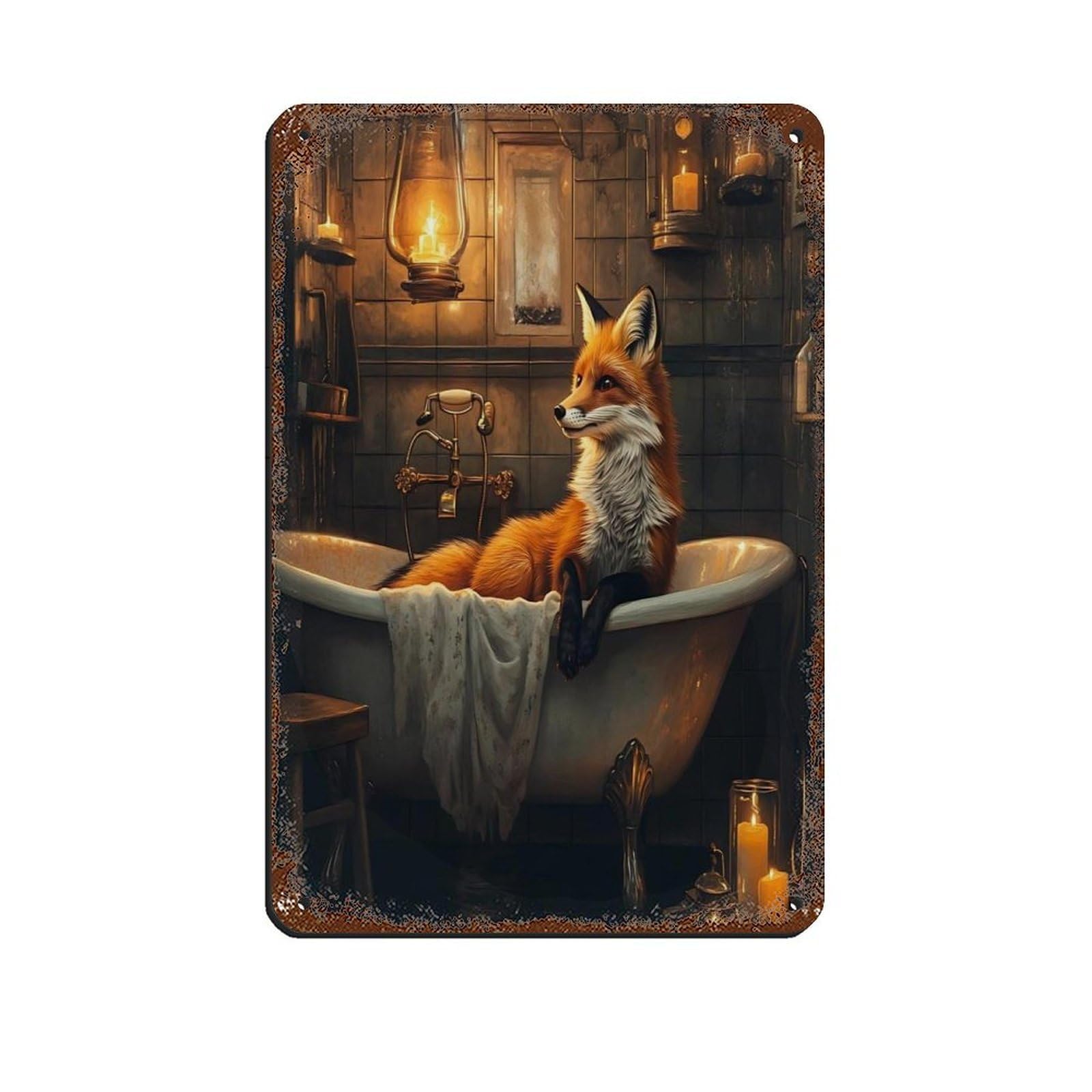 Rustic Fox in Bathtub, Cozy Bathroom Tin Sign Vintage Metal Pub Club Cafe Bar Home Wall Art Decoration Poster Retro 8x12inch(20x30cm)