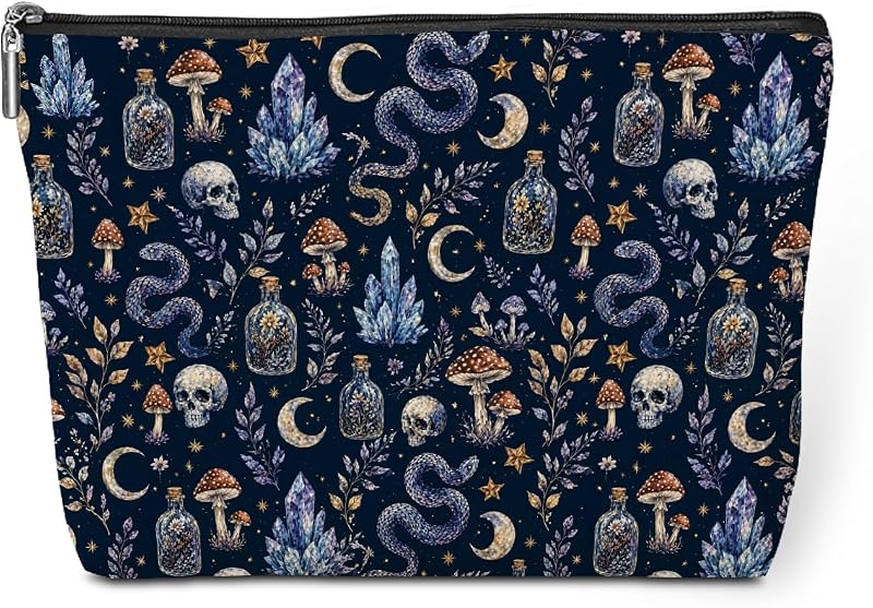 Necessaire jeilink com estampa Dark Magic Skull Mushroom, zíper metálico