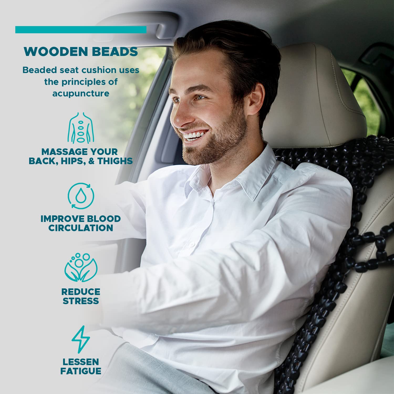 VaygWay Cuscino per sedile auto con perline in legno naturale resistente e doppio filo, cuscino di supporto massaggiante ventilato per auto, camion e sedie da ufficio, nero