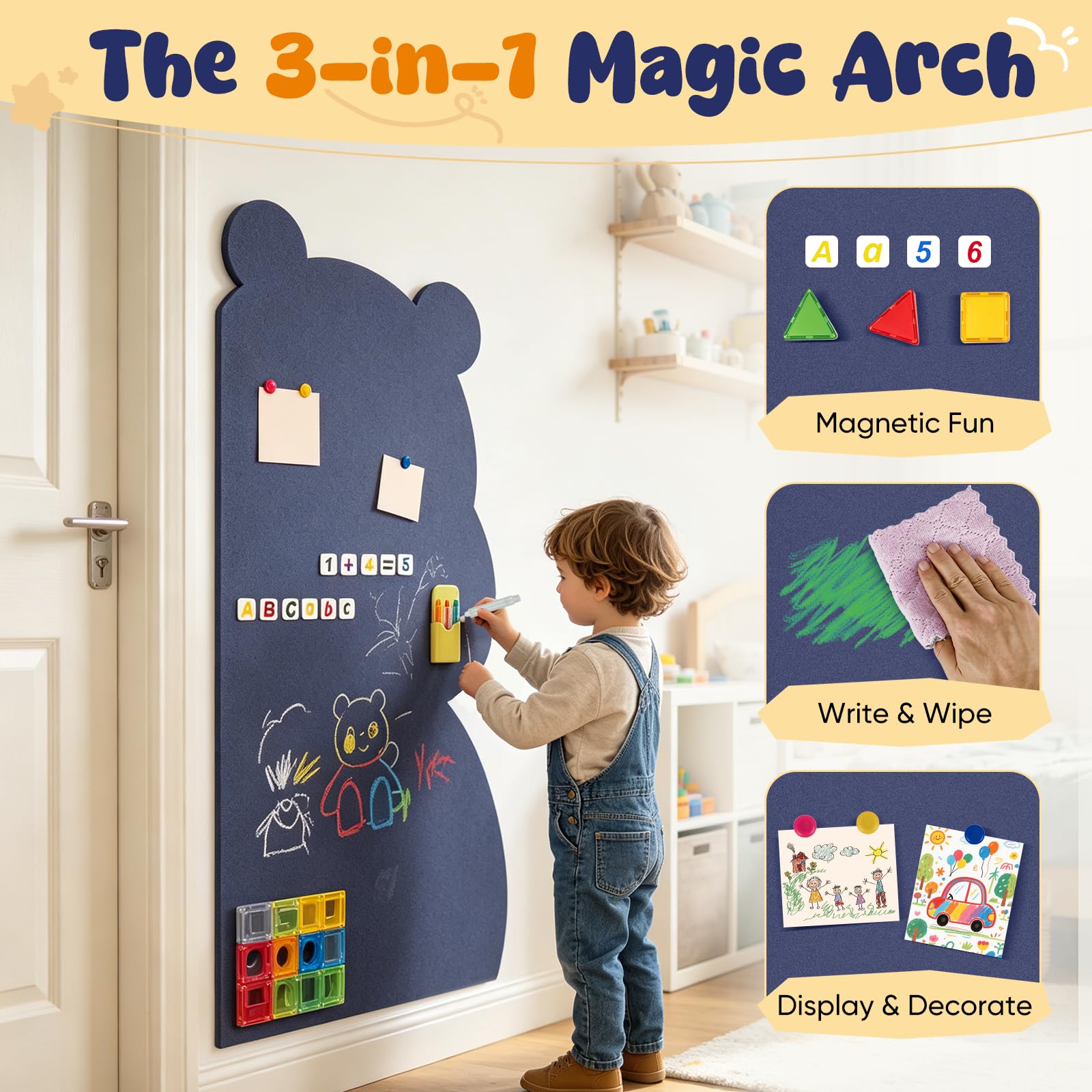 Tableau Magnétique Enfant Forme d’Ourson, Tableau Mural Adhésif 115 x 55 cm avec Craies Hydrosolubles, Aimants Lettres et Chiffres, Pour Surfaces Lisses, Cadeau pour Filles et Garçon (Bleu)
