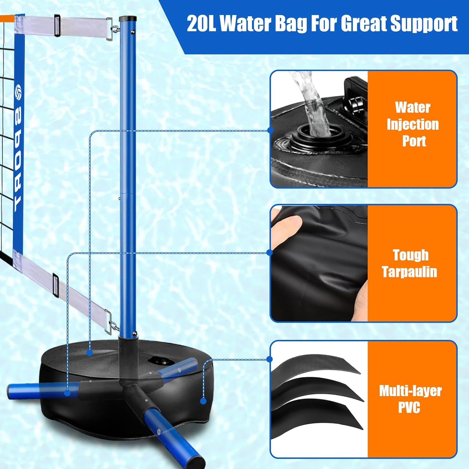 Pool Volleyball Net - Portable Indoor/Outdoor Swimming Pool Volleyball Net System with 2 Water Volleyballs and Heavy Duty Base.Adjustable Length 15-25FT for Pickleball and Tennis Net