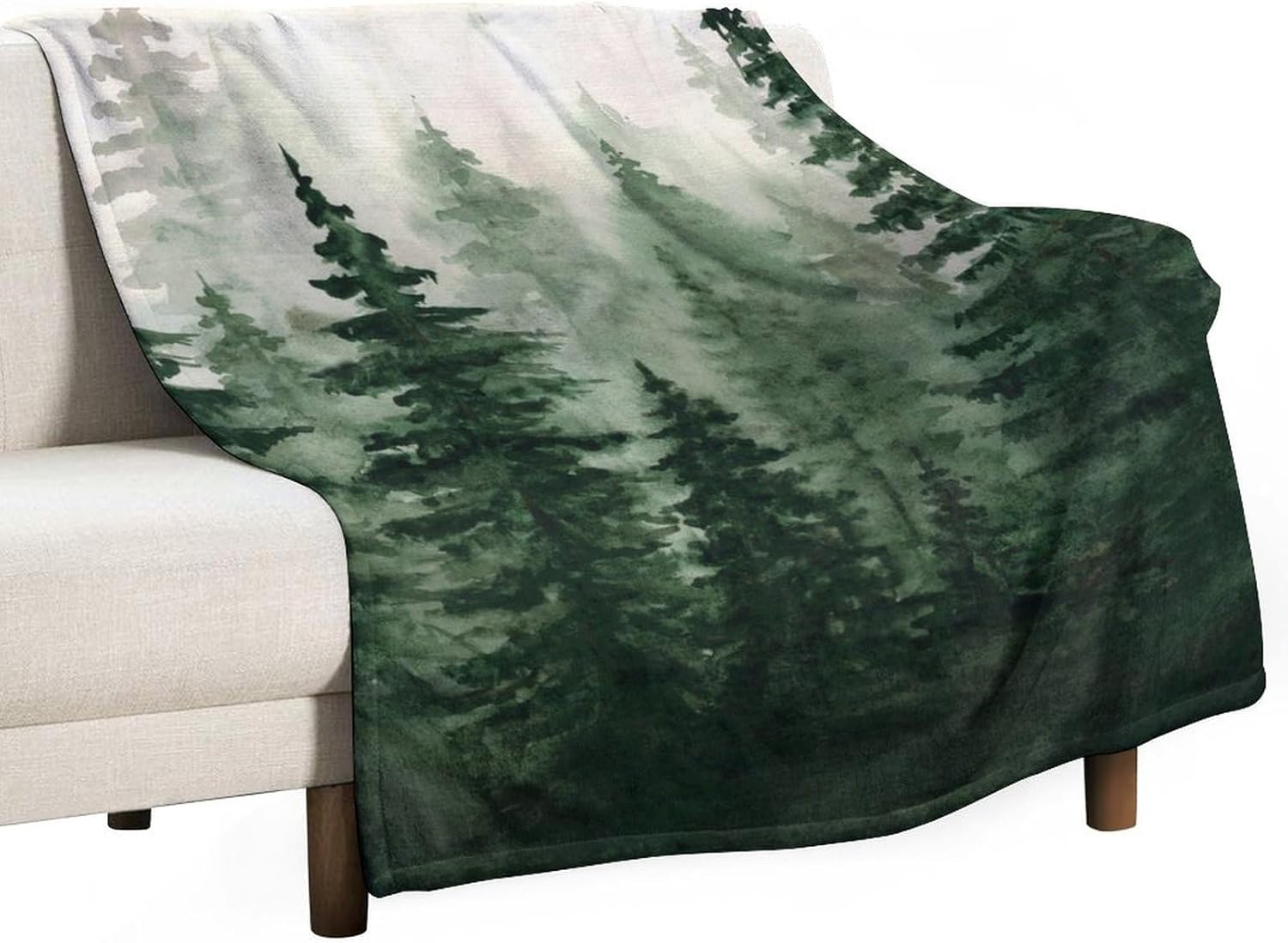 Green Forest Blanket, Retro Watercolor Pine Tree Woodland Yellowed Paper Texture Decor Cozy Soft Fluffy Warm Flannel Throw Blanket, Plush Blanket for Couch, Sofa, Chair, Bed, All Season, 60x80in