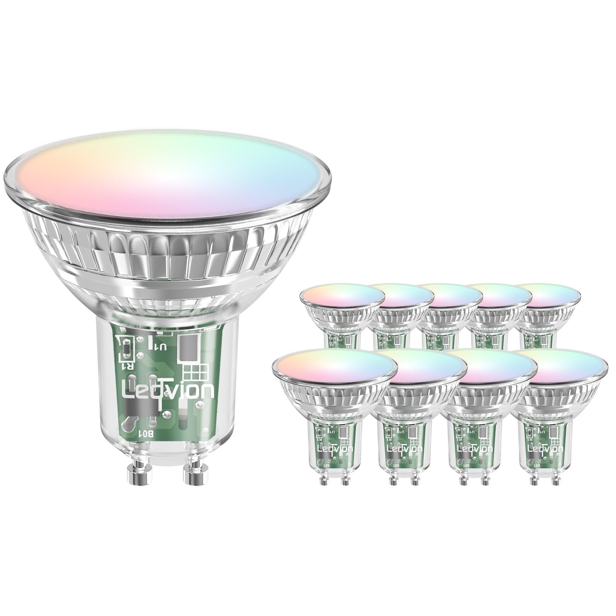 Ledvion - 10X Smart RGB+CCT GU10 LED Spot, 5W, 345 Lumen, Dimmerabile, Wifi-Illuminazione, Wifi-luce, Alexa & Google Home
