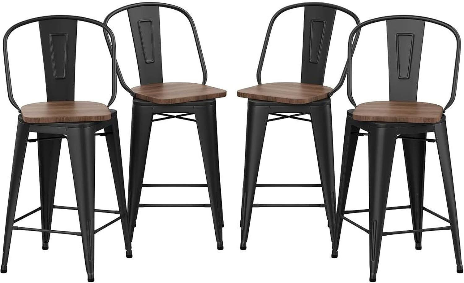 Changjie Furniture Metal Bar Stools Counter Height Stool Bar Stools Set of 4 Kitchen Swivel Dining Bar Chairs (High Back Matte Black Wooden, Swivel 30 inch)