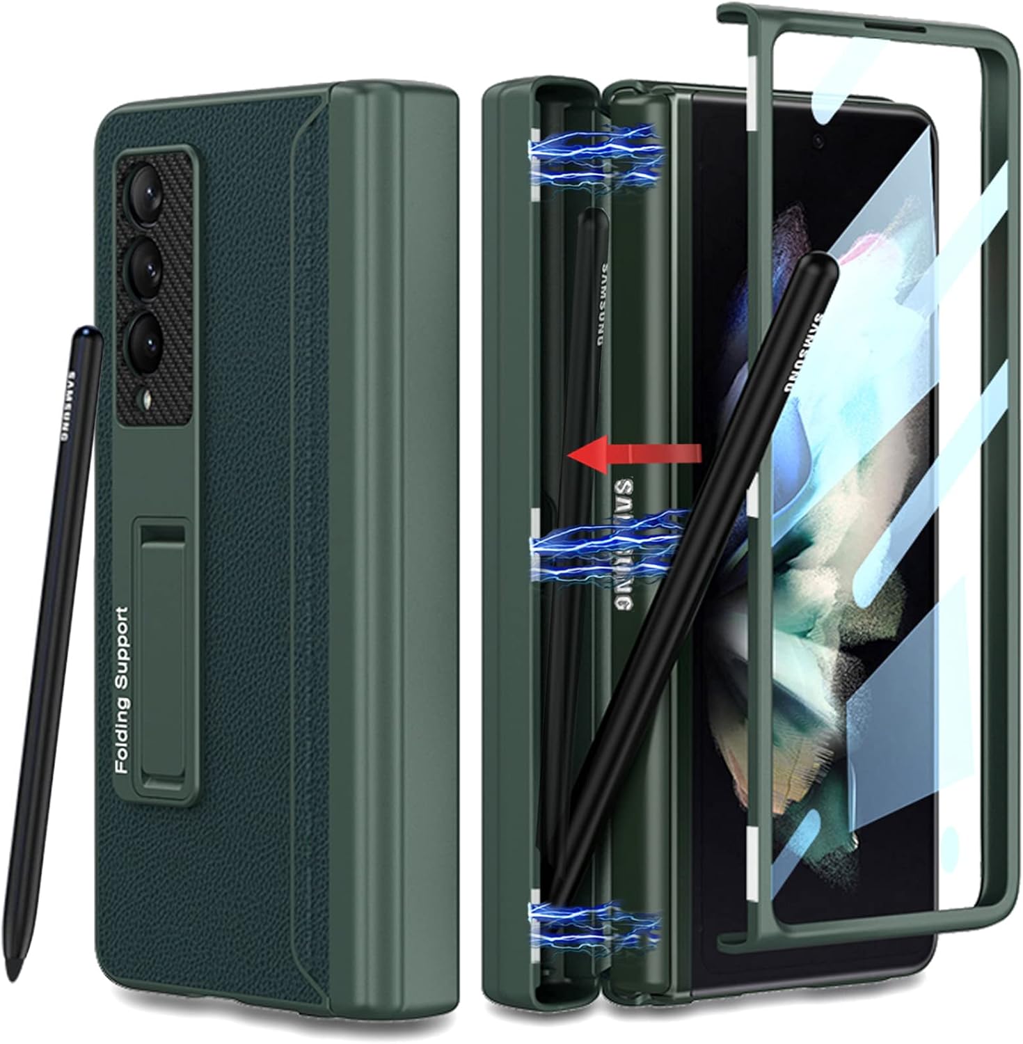 for Samsung Galaxy Z Fold 3 Case with Pen Holder,Hinged Cover Built-in with Pen Slot,with Screen Protector&Adjustable Bracket,Leather Cover Case for Galaxy Z Fold 3 (Green)
