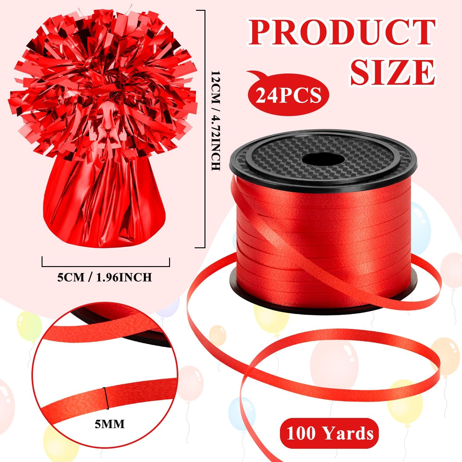 24 PCS Balloon Weights Metallic Anchor, Balloon Holder Heavy Weights with 1 Roll Red Crimped Ribbon for Balloons Table Party Favor Birthday Decor(Red) 24 Red