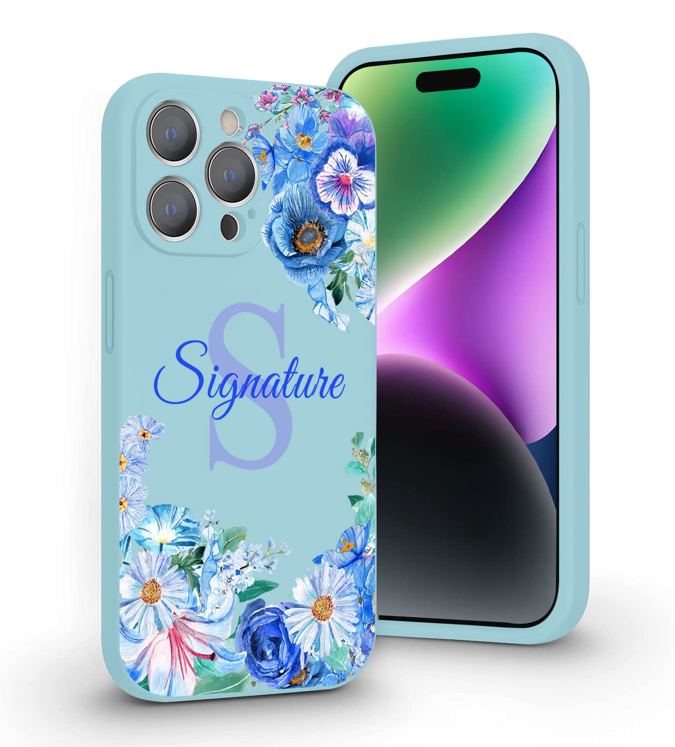 VNGDA Custom Name & Initial - Sky Blue Flower - Liquid Silicone Case for iPhone 16 15 Pro Max 14 13 12 11 Xs Max Xr SE3 8 7 6 Plus 11 Pro Mini,with