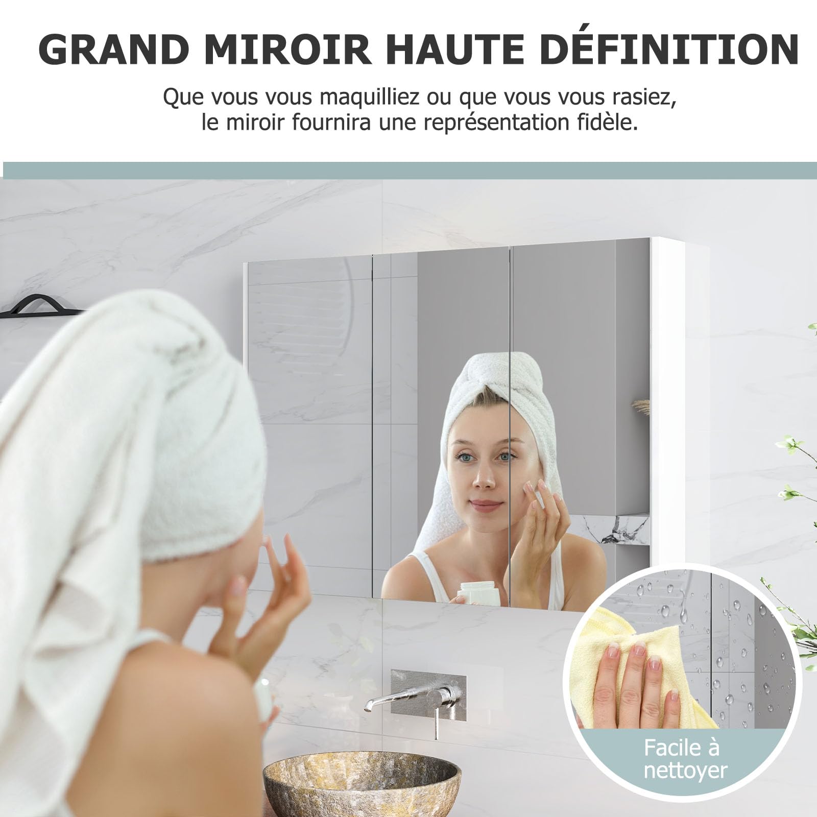 GIANTEX Armoire Murale de Salle de Bain avec 3 Portes à Miroir Complète, Meuble de Rangement en Bois Étagères Réglable, 90 x 11 x 65 cm, Blanc