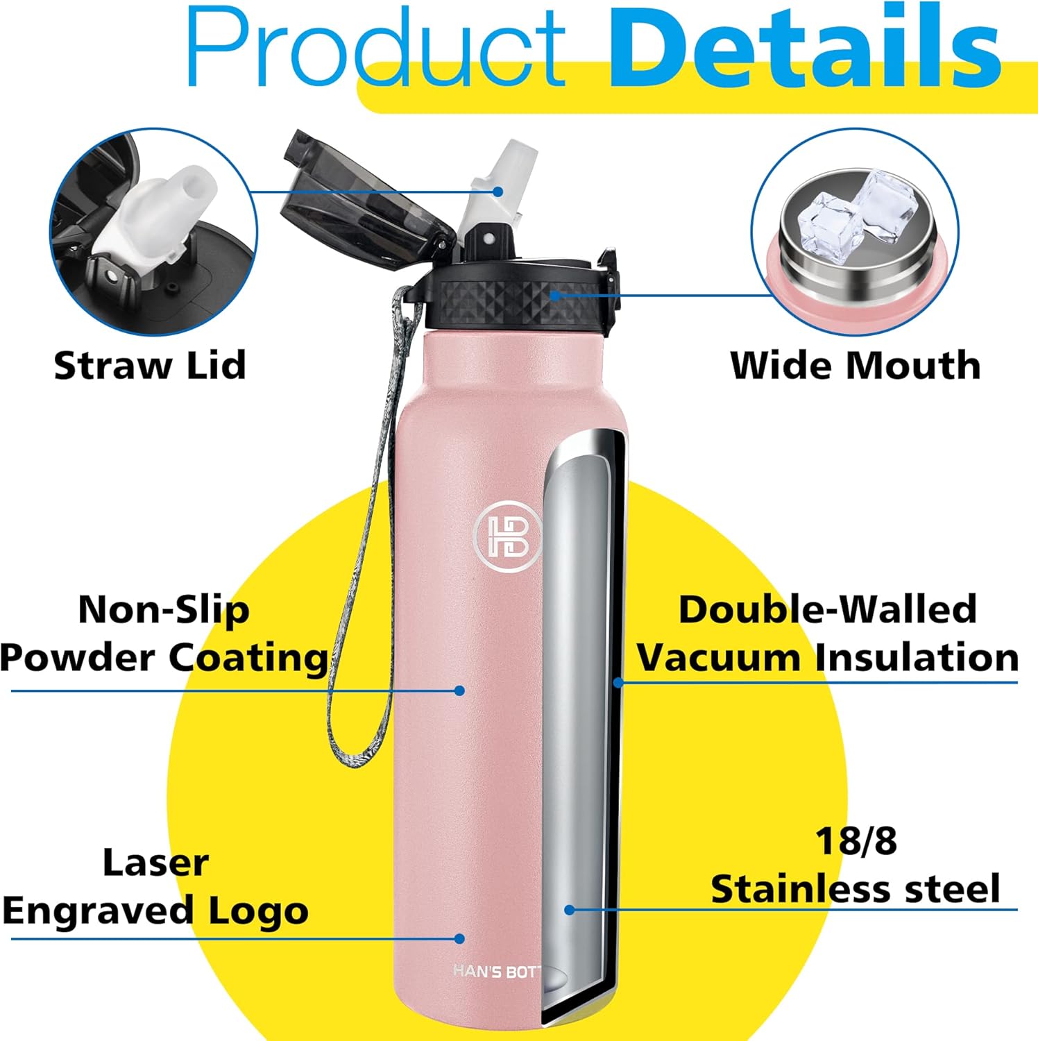 Han's Bottle Sports Water Bottle - 24 Oz, Straw Lid, Leak Proof, Vacuum Insulated Stainless Steel, Double Walled, Thermo Mug,Blush - Image 5