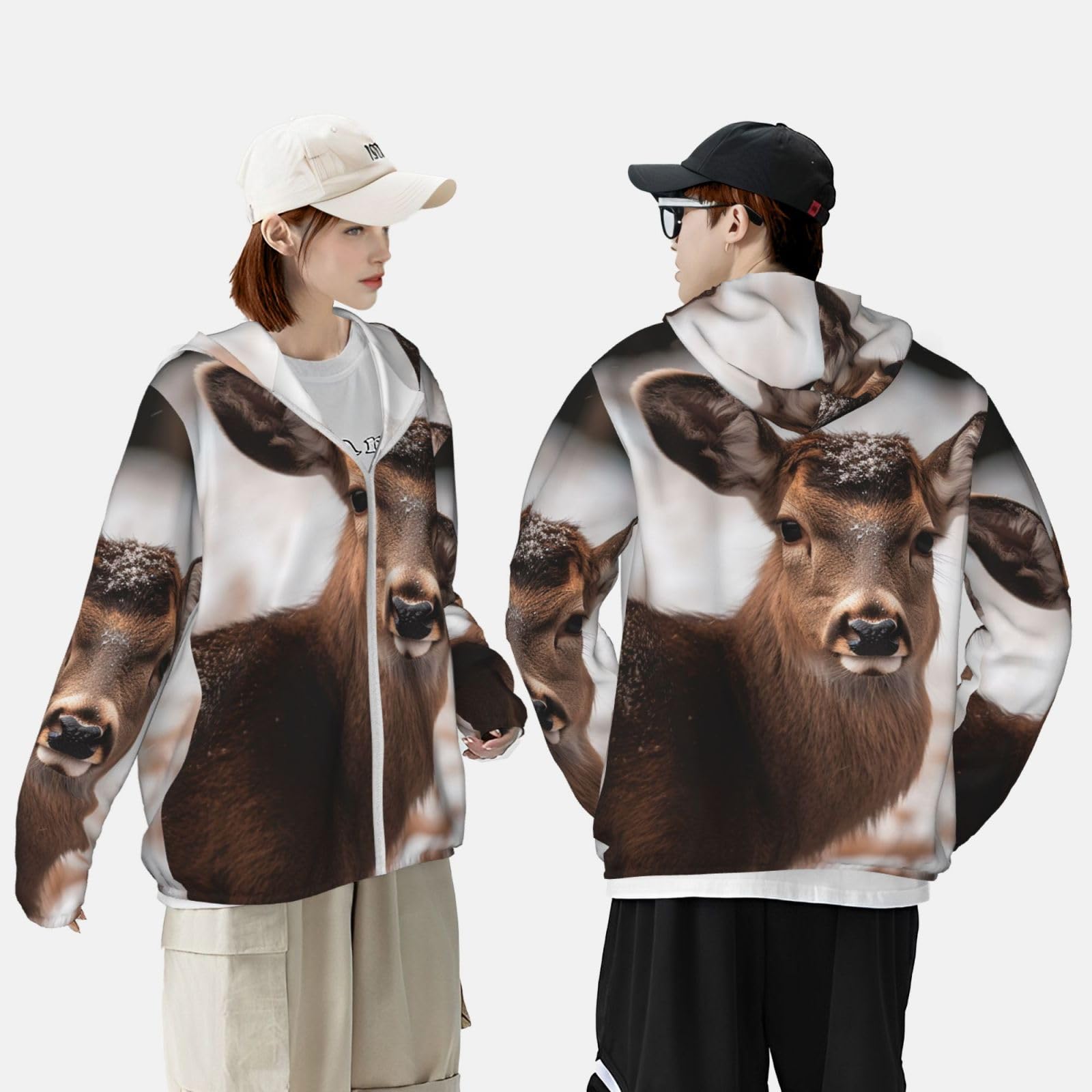 Men's Sun Protection Jacket UPF 50+ Full Zipper Long Sleeve UV Hoodie Shirt Wild Animals Deer Women's Outdoor Jacket Black