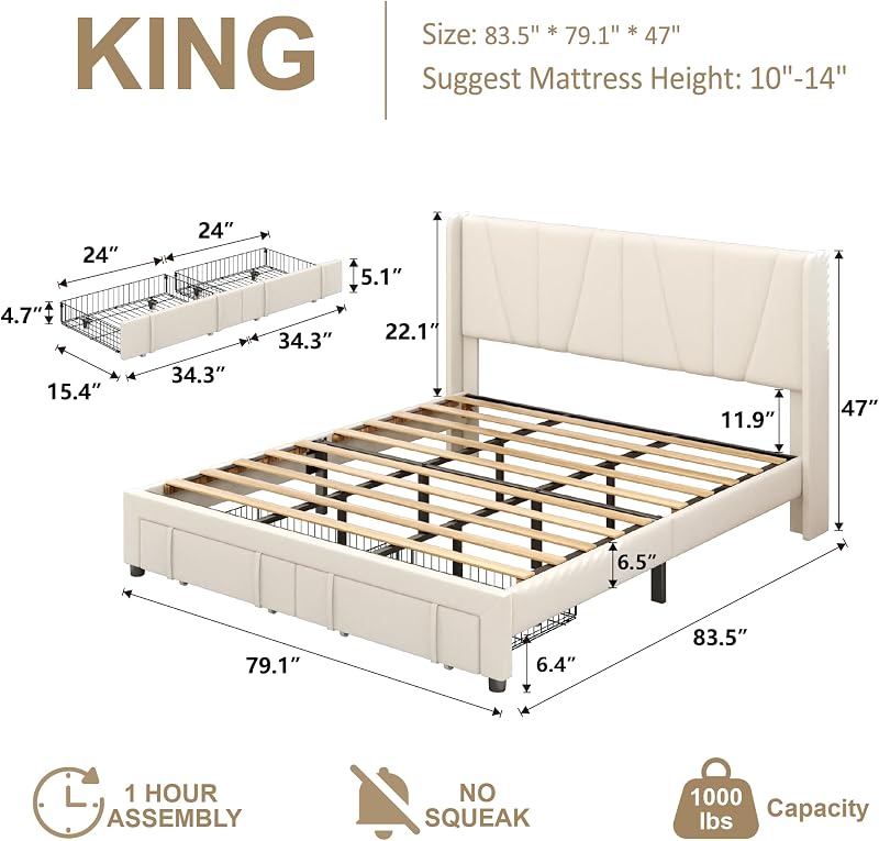 King Bed Frame with 2 Storage Drawers, Velvet Upholstered Bed, Beige image 2