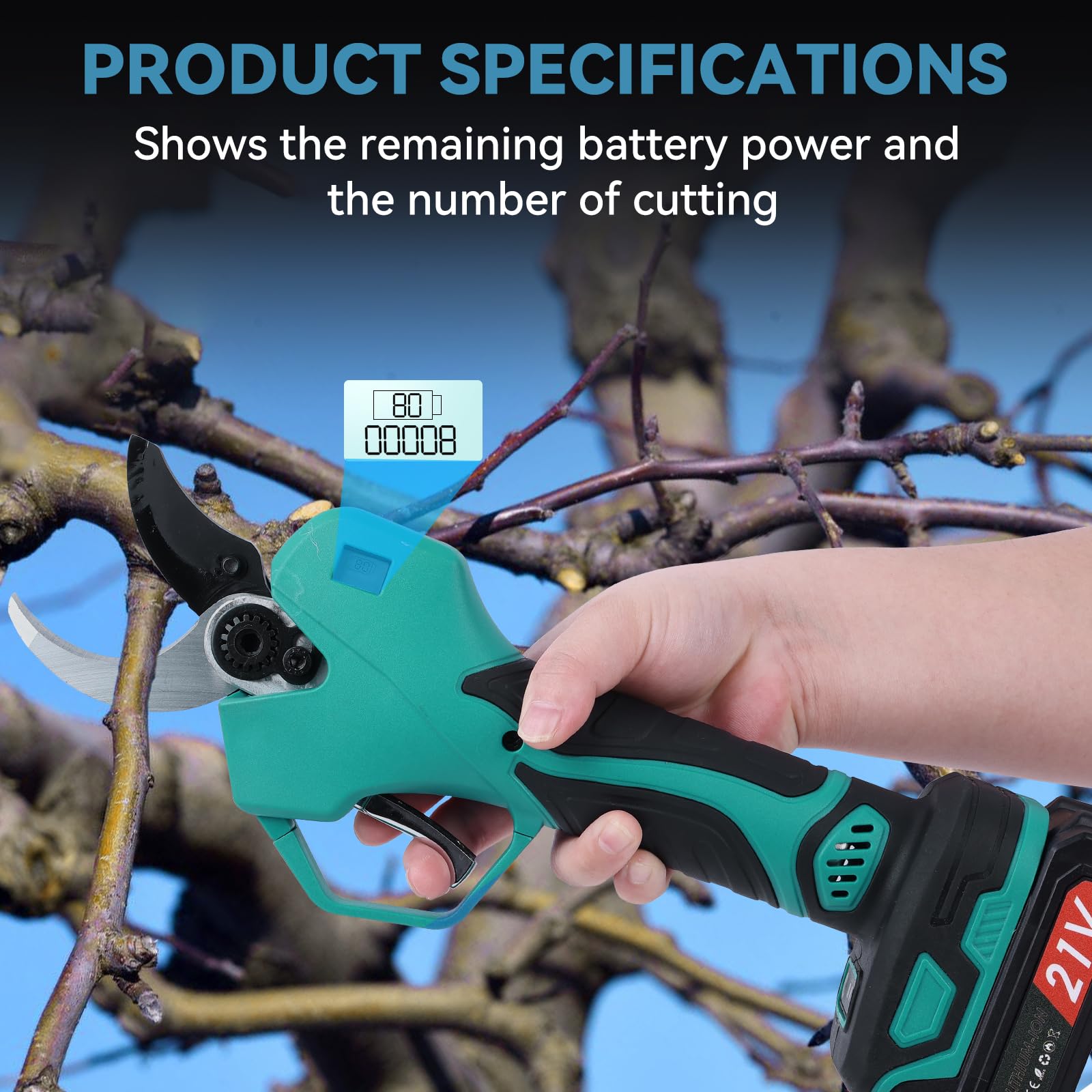Sécateur Électrique Sans Fil 40 mm- 2M Perche Télescopique-Coupe Branche Électrique avec Écran,Secateur a Batterie 2×2000 mAh, 3 Réglages, pour la taille, le jardinage, les vergers