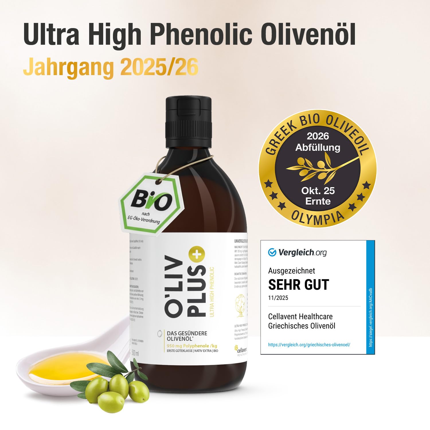 Das Olivenöl mit Gesundheitswert – extra hoher Polyphenol-Gehalt 950 mg/kg – Bio-Qualität – nur 1 Esslöffel/Tag – Oliv PLUS – 1000 ml – 100 Portionen (1000 ml)