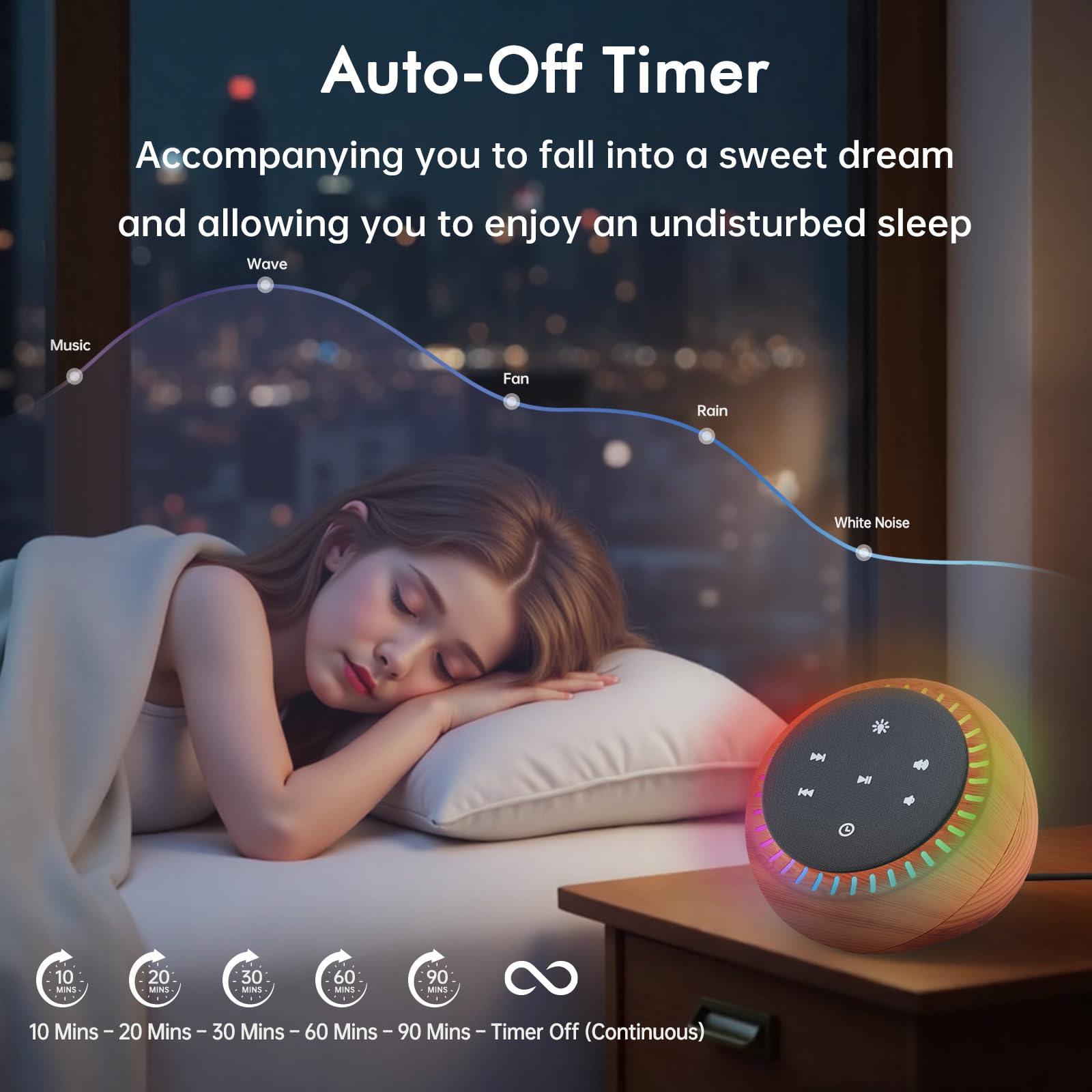 DreamSky - White Noise Sleep Sound Machine, 26 beruhigende Geräusche und 30 Stufen Lautstärke, RGB Nachtlicht Dimmer, Braunes Rauschen für schlafende Erwachsene, Baby, Kinder, Timer