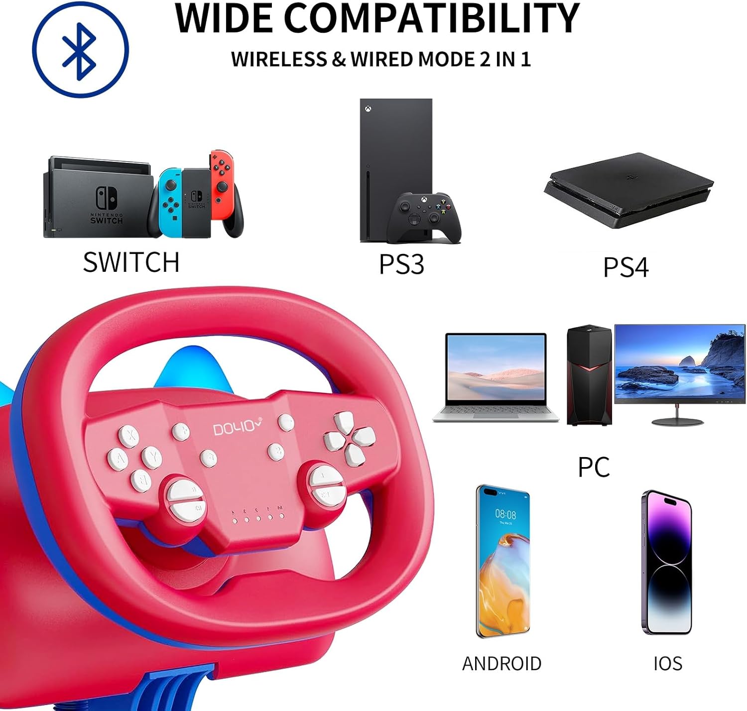 NBCP Racing Wheel for Nintendo Switch & PC -Wireless Gaming Steering Wheel with Dual Vibration, 270° Rotation, Mario Kart Mode, Bluetooth 5.0, Kid-Friendly Design