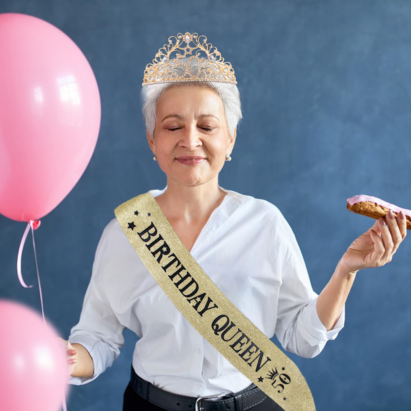 Photo 1 of BRT Bearingshui 50th Birthday Sash and Tiara Set for Woman, Gold Birthday Queen Sash with Tiara and Pearl Pin, 50th Birthday Party Favor Supplies
