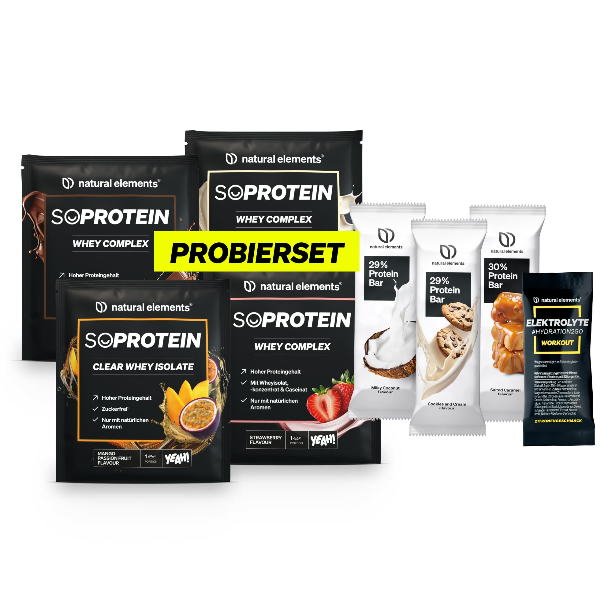 natural elements Premium Probierset – SoProtein Whey Complex Schoko, Vanilla Milk & Erdbeere – SoProtein Clear Whey Isolate Mange Passionsfrucht – Protein Bar – in Deutschland produziert
