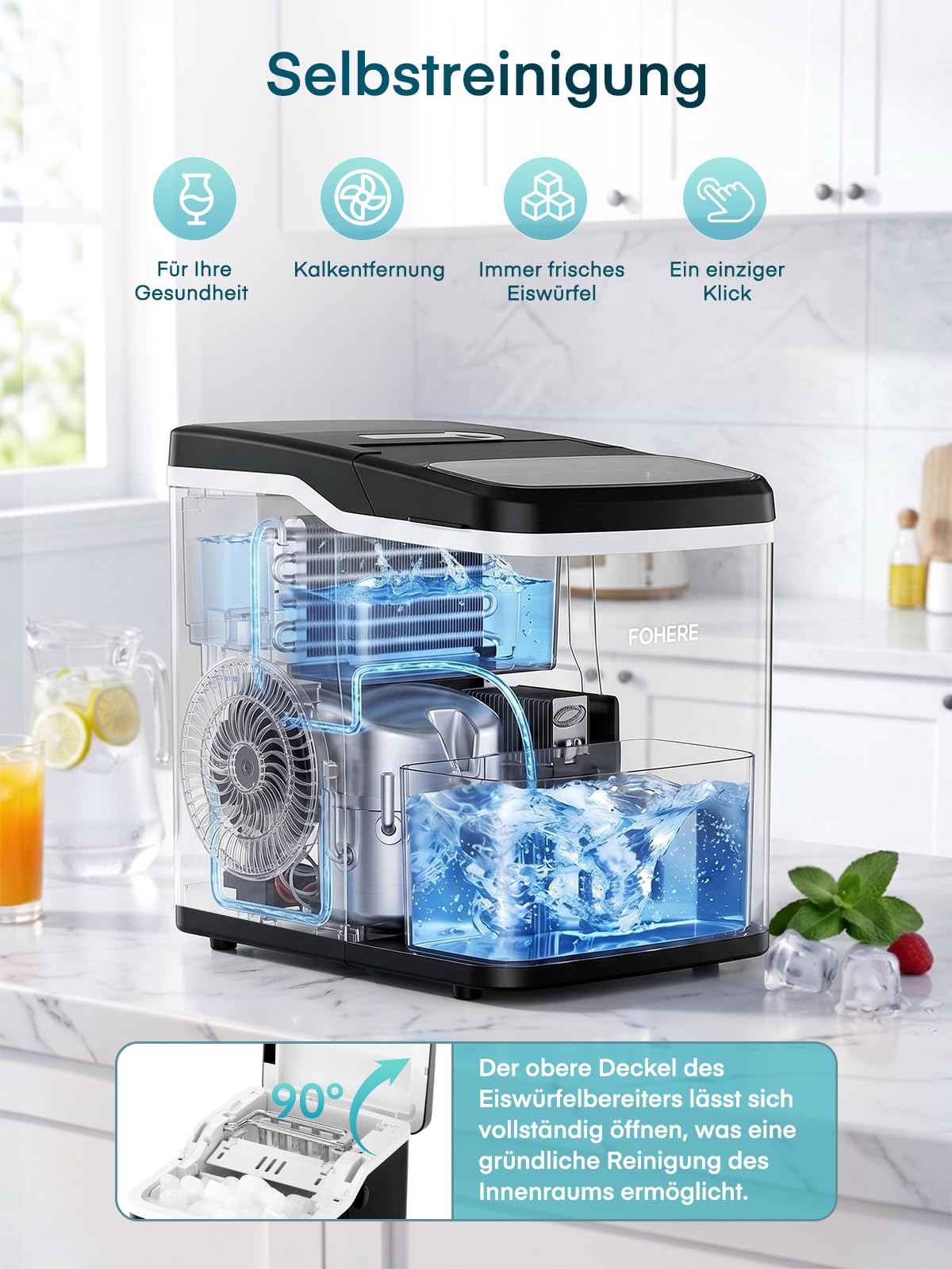 FOHERE Eiswürfelmaschine Klein, Eiswürfelbereiter mit Selbstreinigung, 9 Eiswürfel in 5 Min, 14kg/24H, Tragbarer Tisch-Ice Maker mit 2 Eiswürfelgrößen, Eisschaufel & Korb für Küche, Büro, Bar, Party