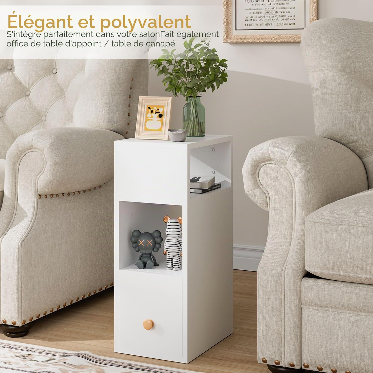 IBUYKE Lot de 2 Tables de Chevet Étroite, Table de Nuit avec 2 Compartiments Ouverts et 1 Tiroir, 20x29x55CM, Table d'appoint pour Les Petits espaces, pour Salon, Chambre, Blanc WNS006W-2