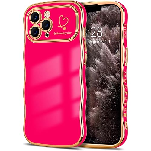 Hython for iPhone 11 Pro Max Case Cute Curly Wave Frame Shape Phone Cases, Thin Slim Luxury Plating Wavy Edge Soft TPU Bumper Shockproof Rubber Protective Cover for Women Girls, Love Heart-Hot Pink