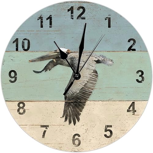Pelican - Reloj de pared con paisaje marino tropical, sin marco, 15 pulgadas, rústico, silencioso, sin tictac, funciona con pilas, redondo,