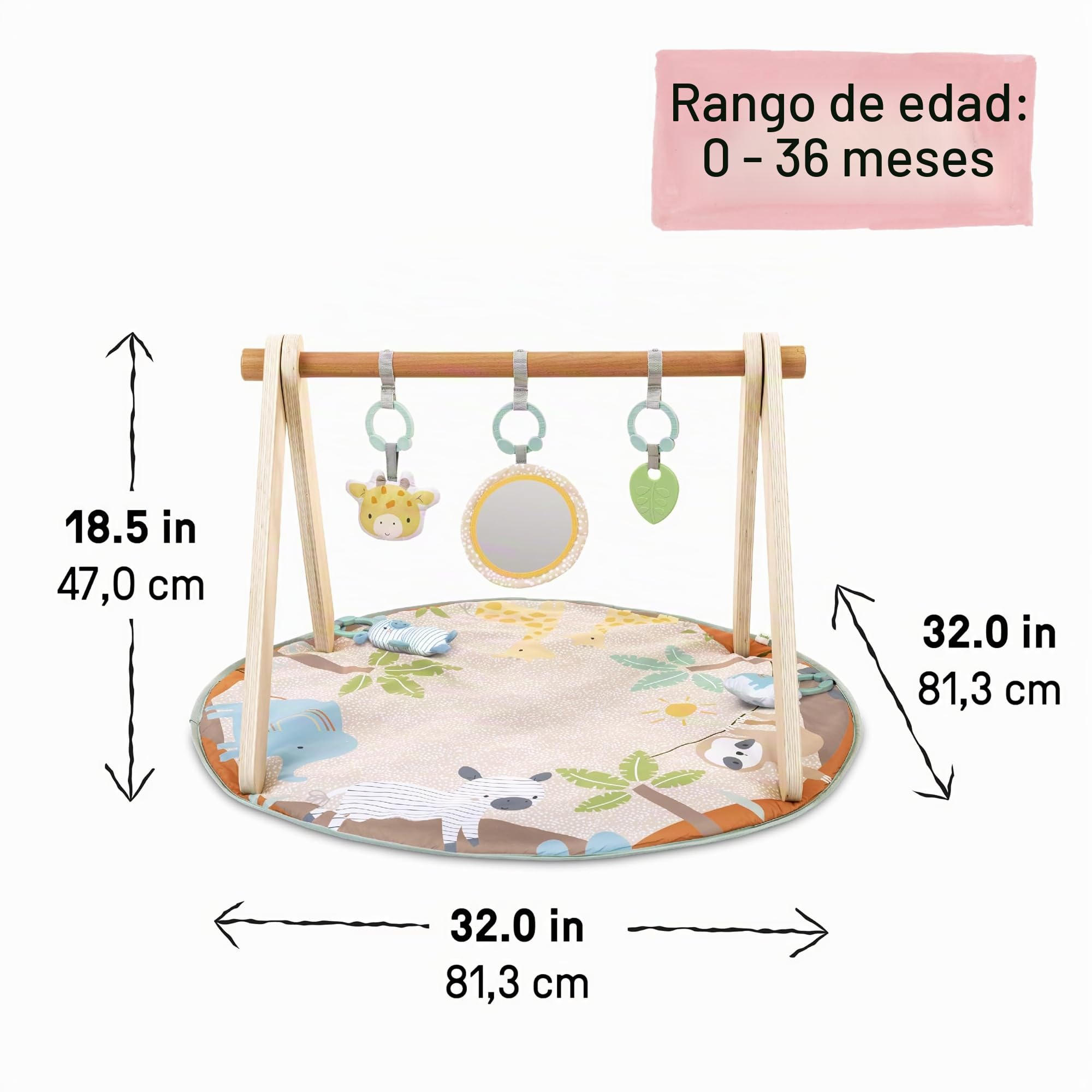 Ingenuity Wonder & Wood Alfombra de juego para bebé con arco de madera – Gimnasio plegable con barra en forma de A y 3 juguetes desmontables, alfombra lavable a máquina, 0 a 36 meses