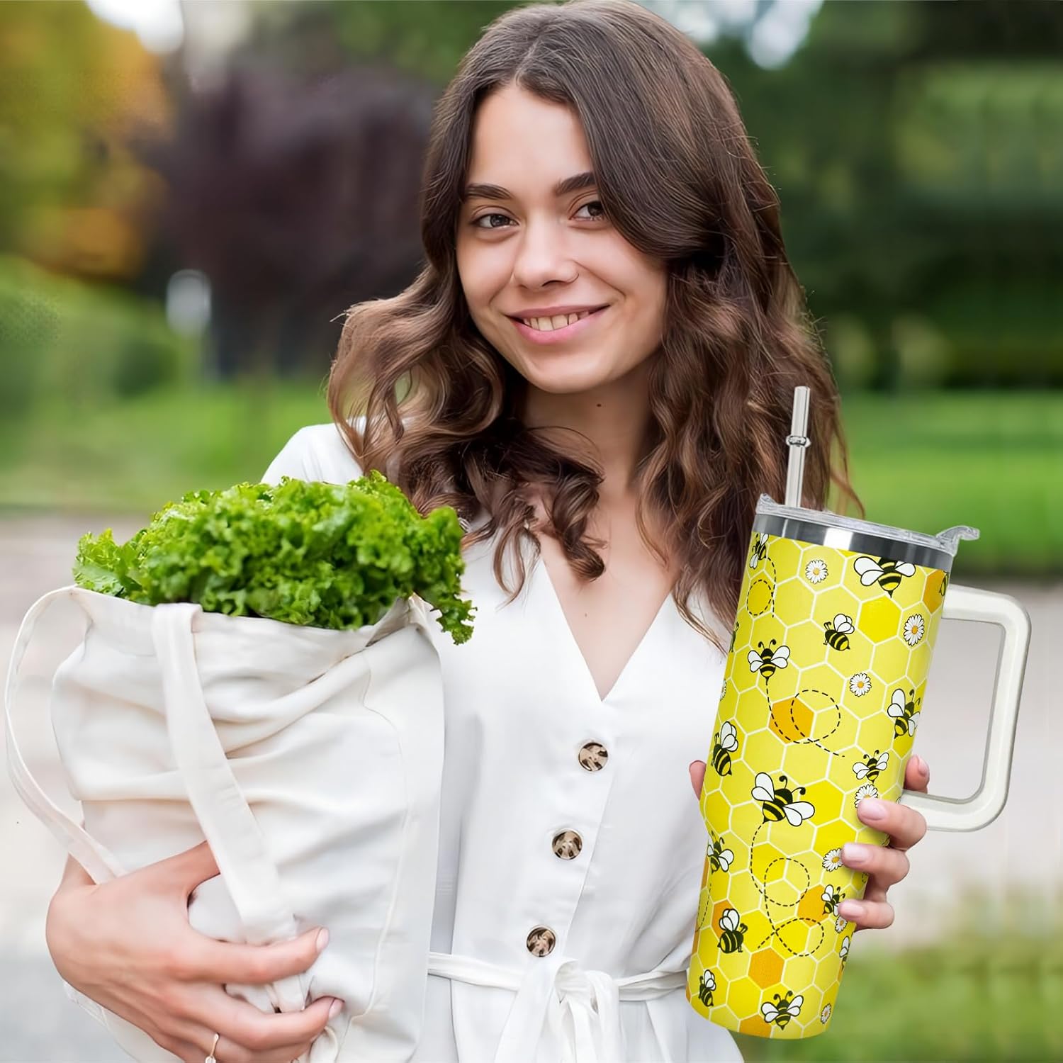 40 oz Bee Tumbler with Handle and Straw Lid Bee Themed Gifts for Beekeeper Bee Lovers Double Insulated Cup Travel Coffee Mug - Image 2