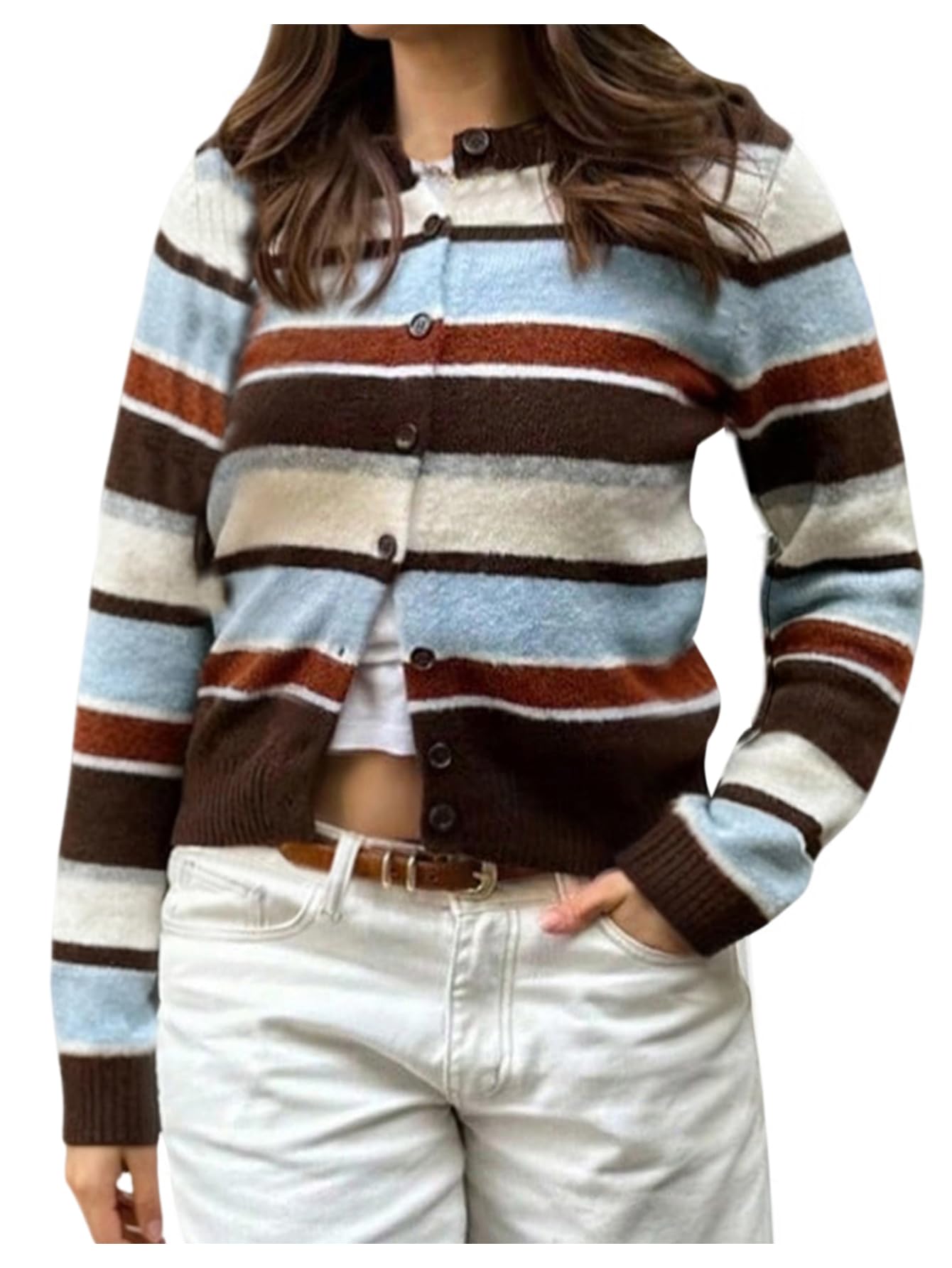 GORGLITTER Womens Striped Crop Swater Cardigan Holiday Outfits Cozy Long Sleeve Button Up Crewneck Knit Sweater Dressy