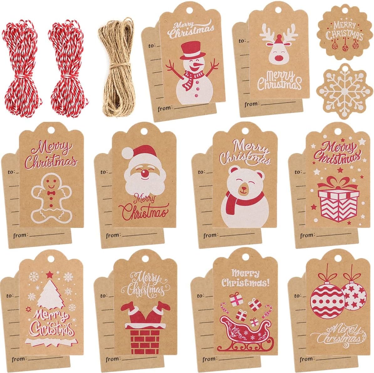 120 Pcs Kraft Paper Christmas Gift Tags in 12 Patterns with "to and from" Writing Backside Design , Xmas Gift Tags with 98 Feet Twine for DIY Xmas Holiday Present,Decor Christmas Gift,