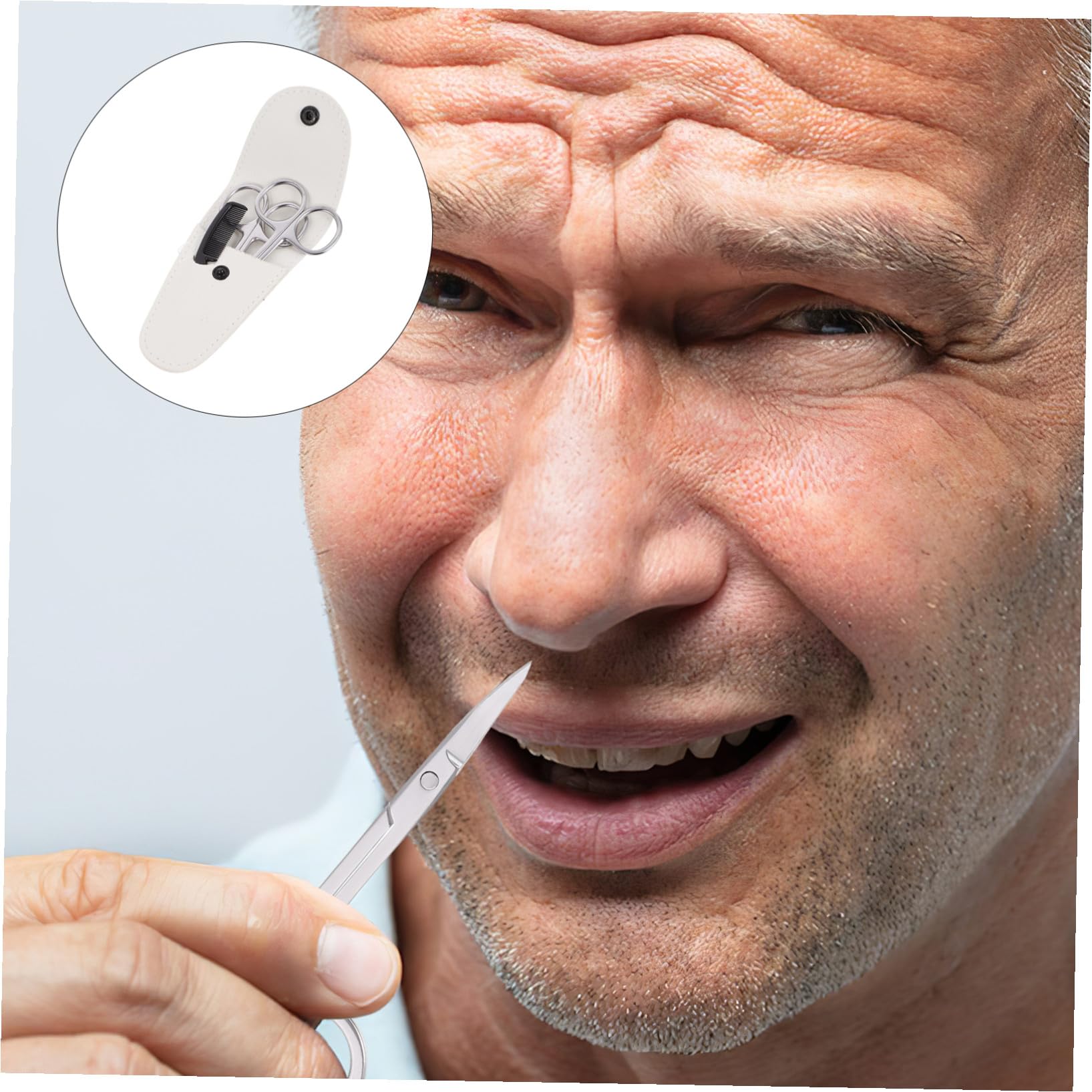 Juego de Tijeras para Vello Facial y Bigote 4 Piezas Acero Inoxidable | Blanco, Precisión de Corte y Formato Portátil, Uso en Casa o Salón, Incluye Funda para Transporte