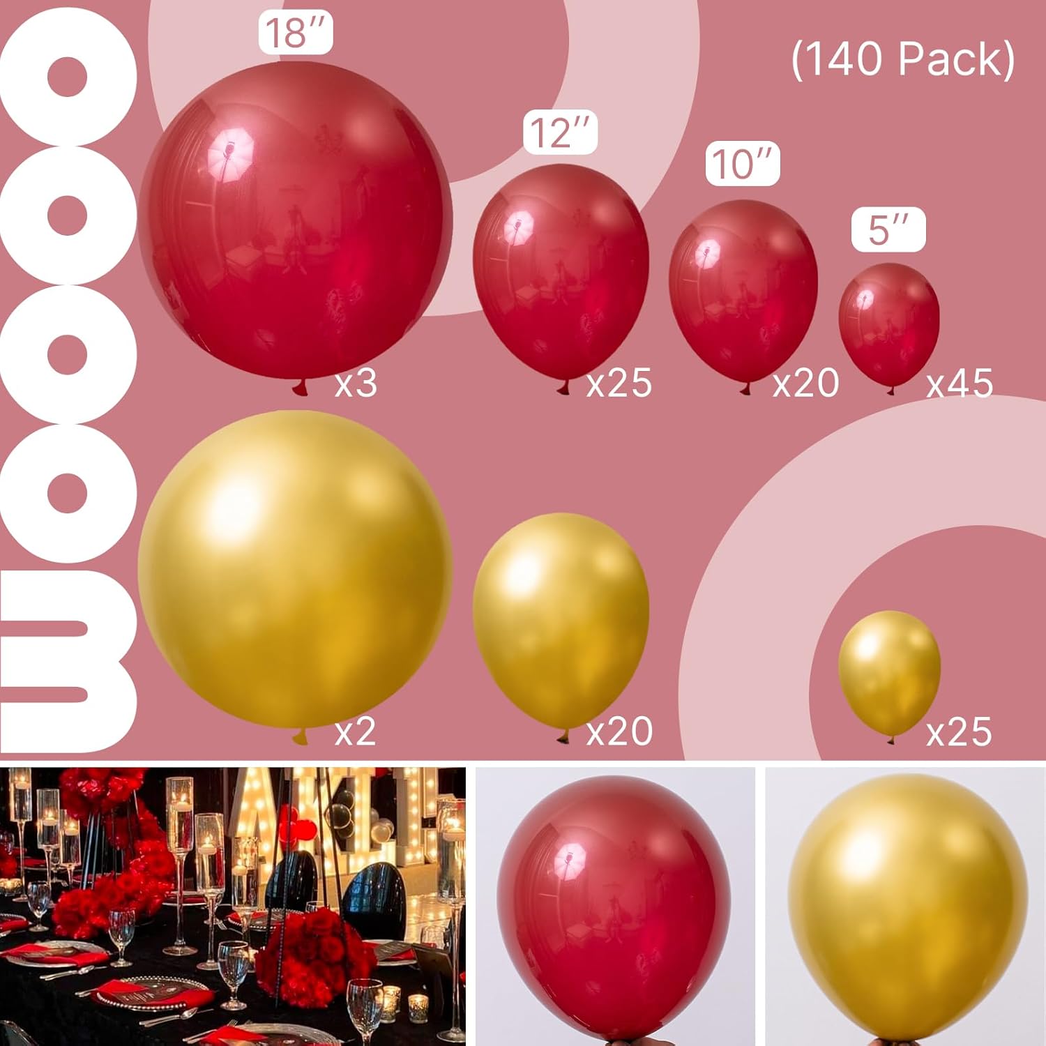 PartyWoo Red and Gold Balloons, 140 pcs Ruby Red and Gold Balloons Different Sizes Pack of 18 Inch 12 Inch 10 Inch 5 Inch for Balloon Garland or Balloon Arch as Birthday Decorations, Party Decorations thumbnail